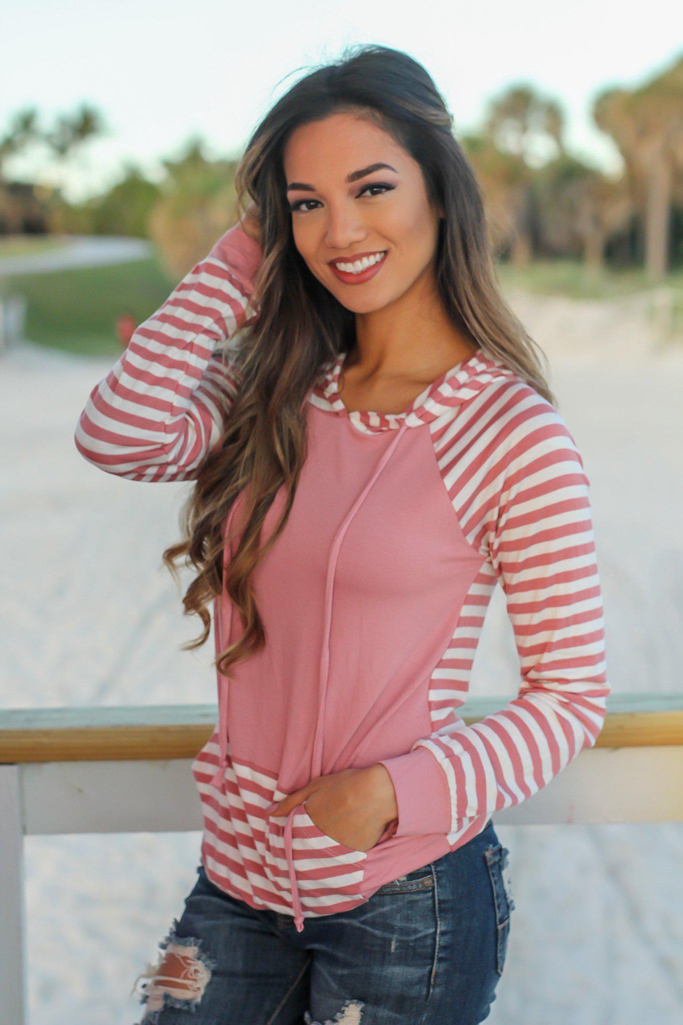 Stylish Mauve Striped Women's Casual Hoodie for All-Day Comfort