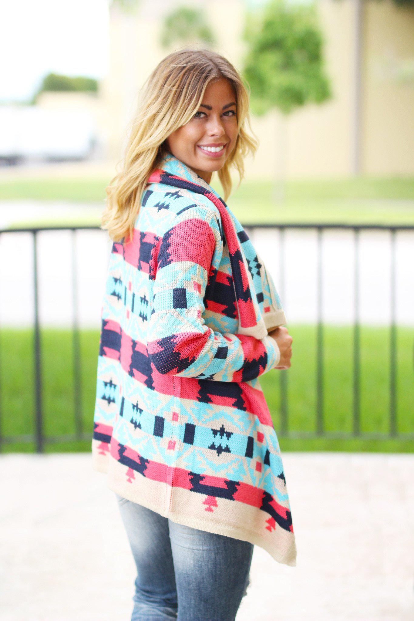 Stylish Coral and Aqua Knit Women's Cardigan