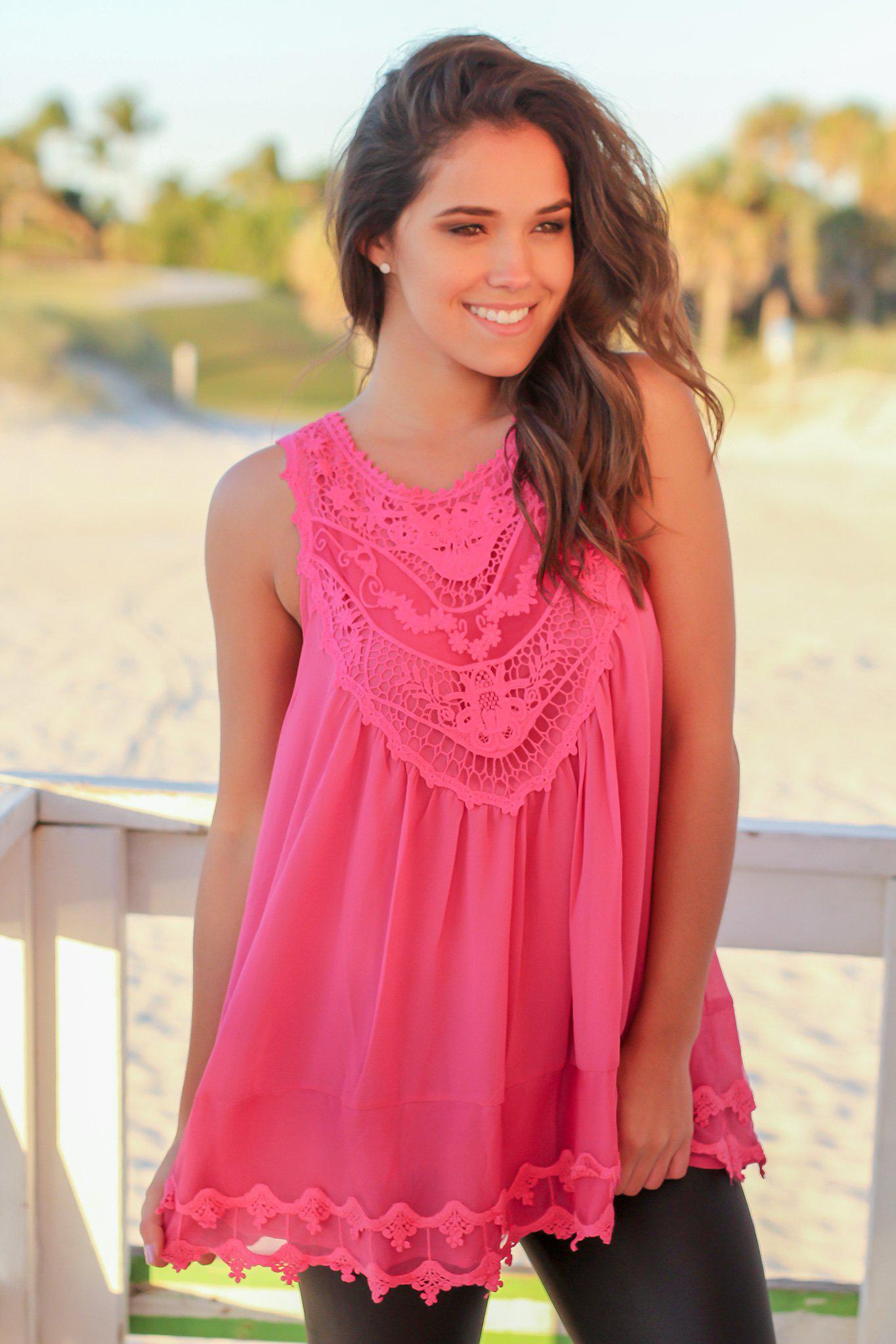 Gorgeous Hot Pink Polyester Chiffon Crochet Sleeveless Women's Top