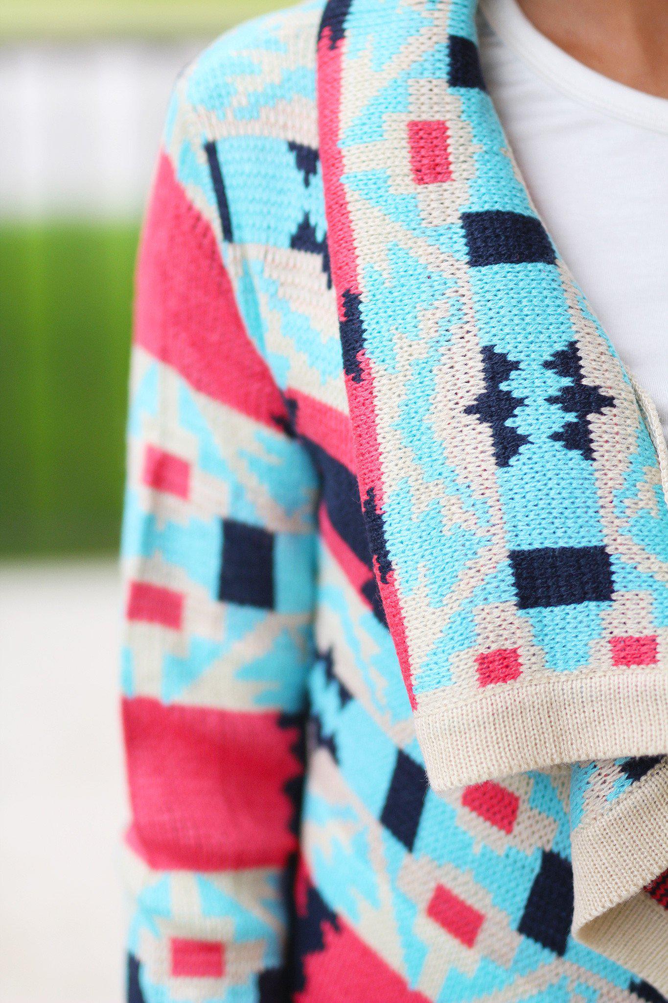 Stylish Coral and Aqua Knit Women's Cardigan