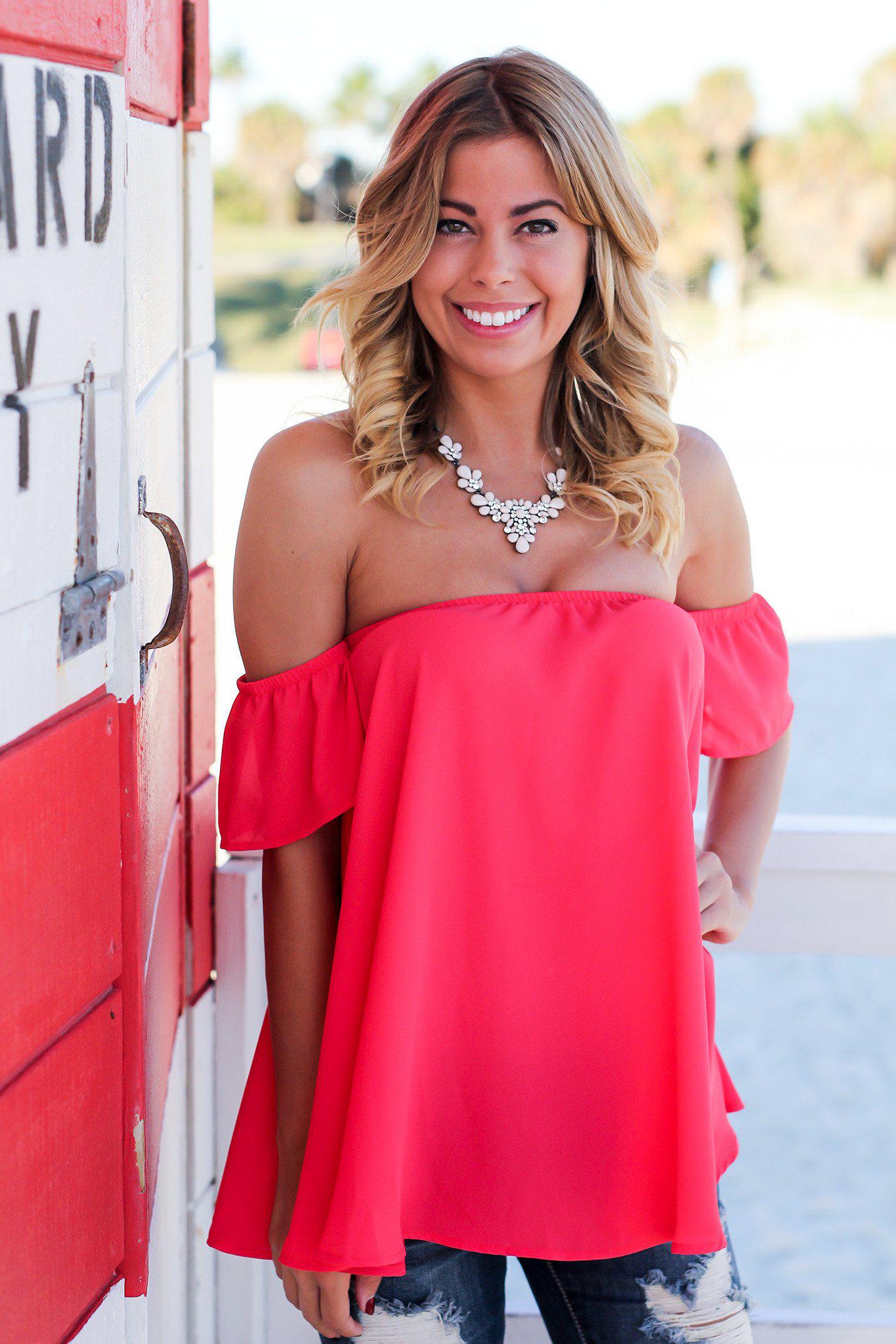 Gorgeous Coral Elastic Off Shoulder Polyester Top for Spring and Summer