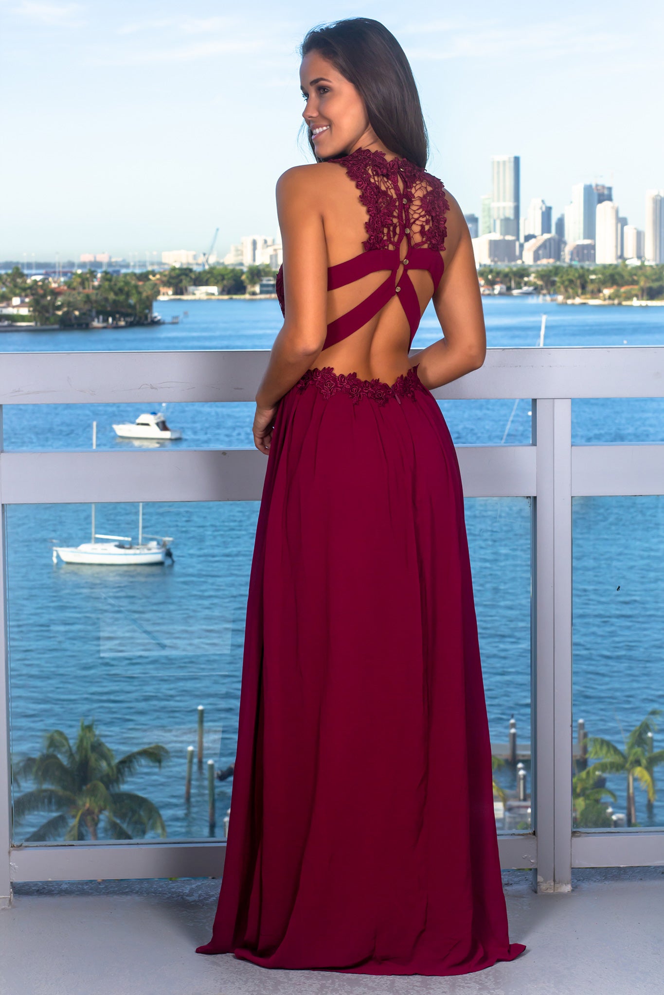 Stylish Merlot Embroidered Sleeveless Maxi Dress with Strappy Back