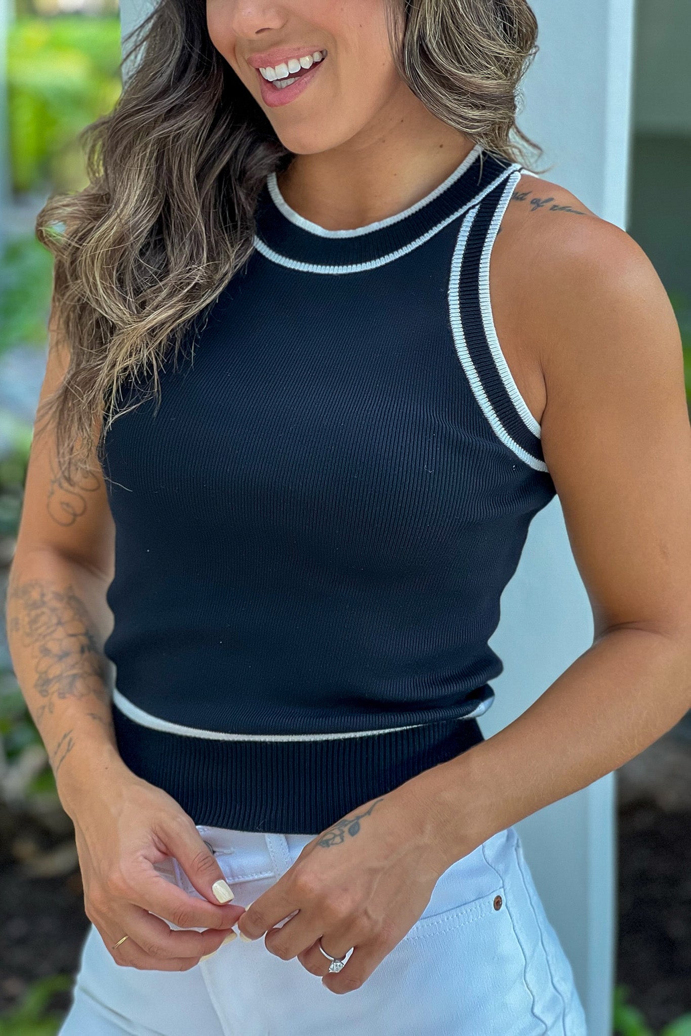 Comfy Black Knit Halter Top with Elegant White Trim