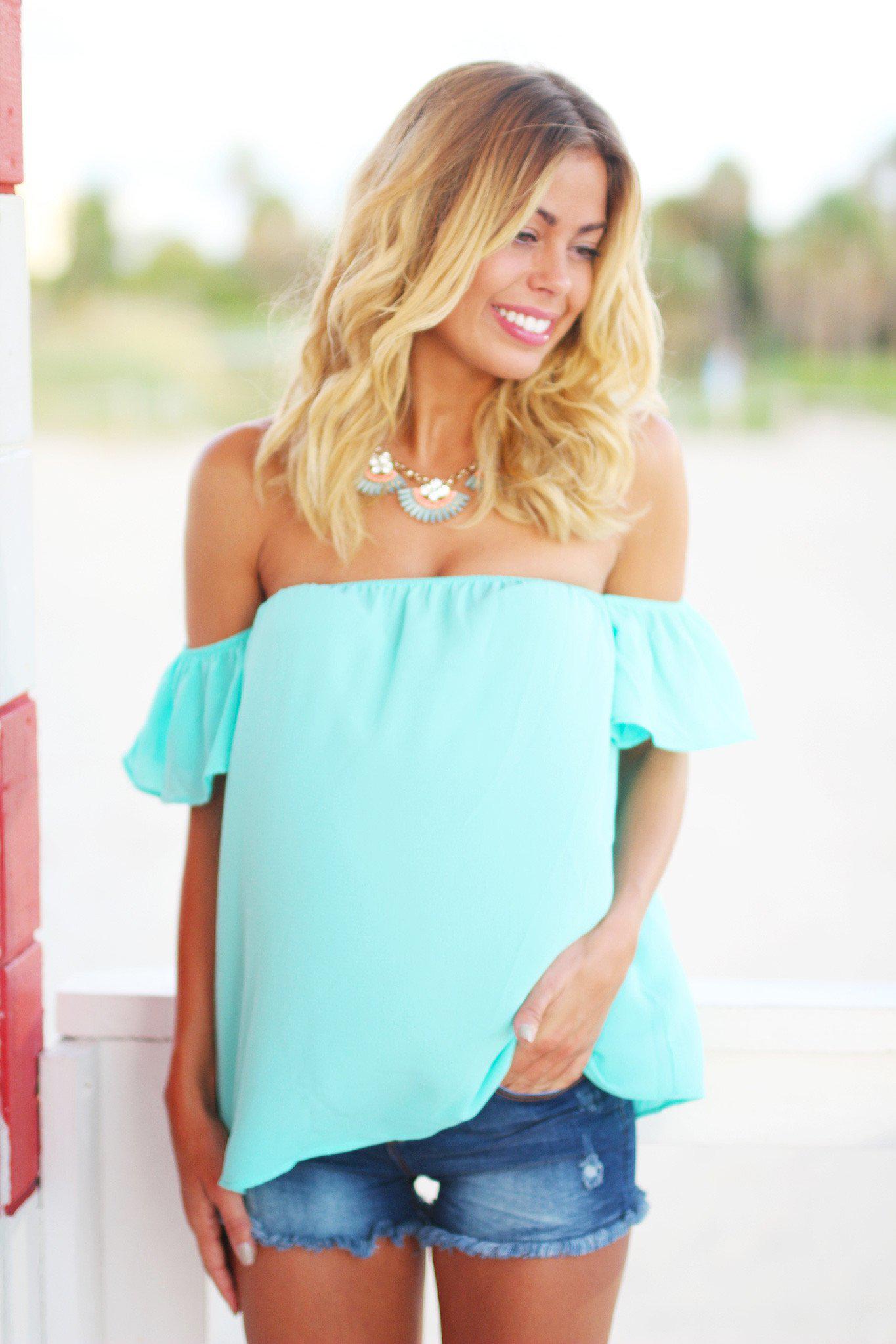 Adorable Mint-Colored Off-Shoulder Women's Summer Top