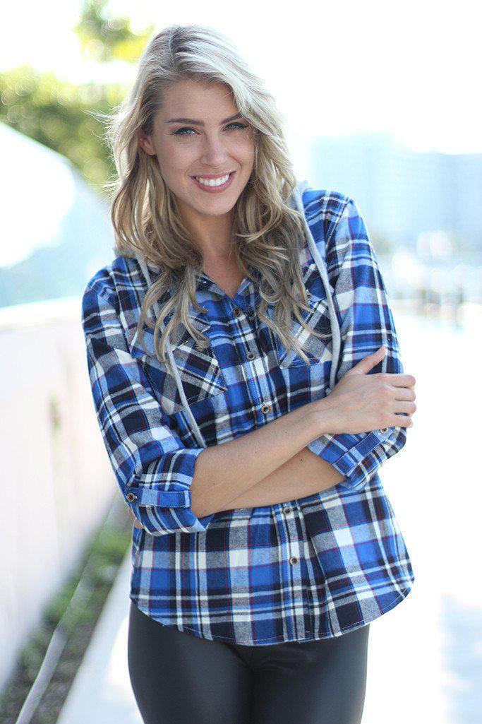 Stylish Blue Plaid Cotton Blend Hooded Women's Top