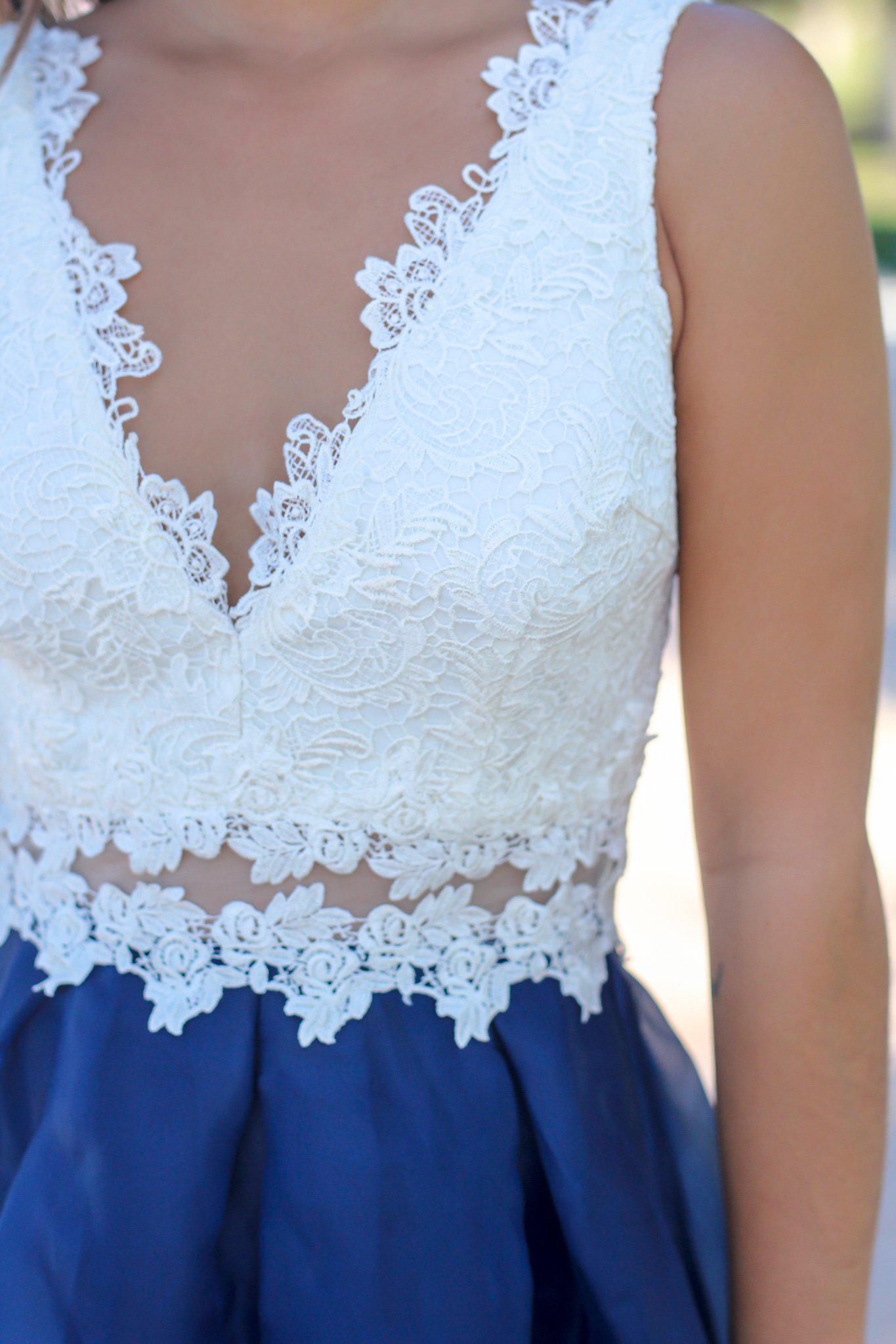 Stylish Ivory and Navy Floral Crochet Top Maxi Dress for Summer Occasions