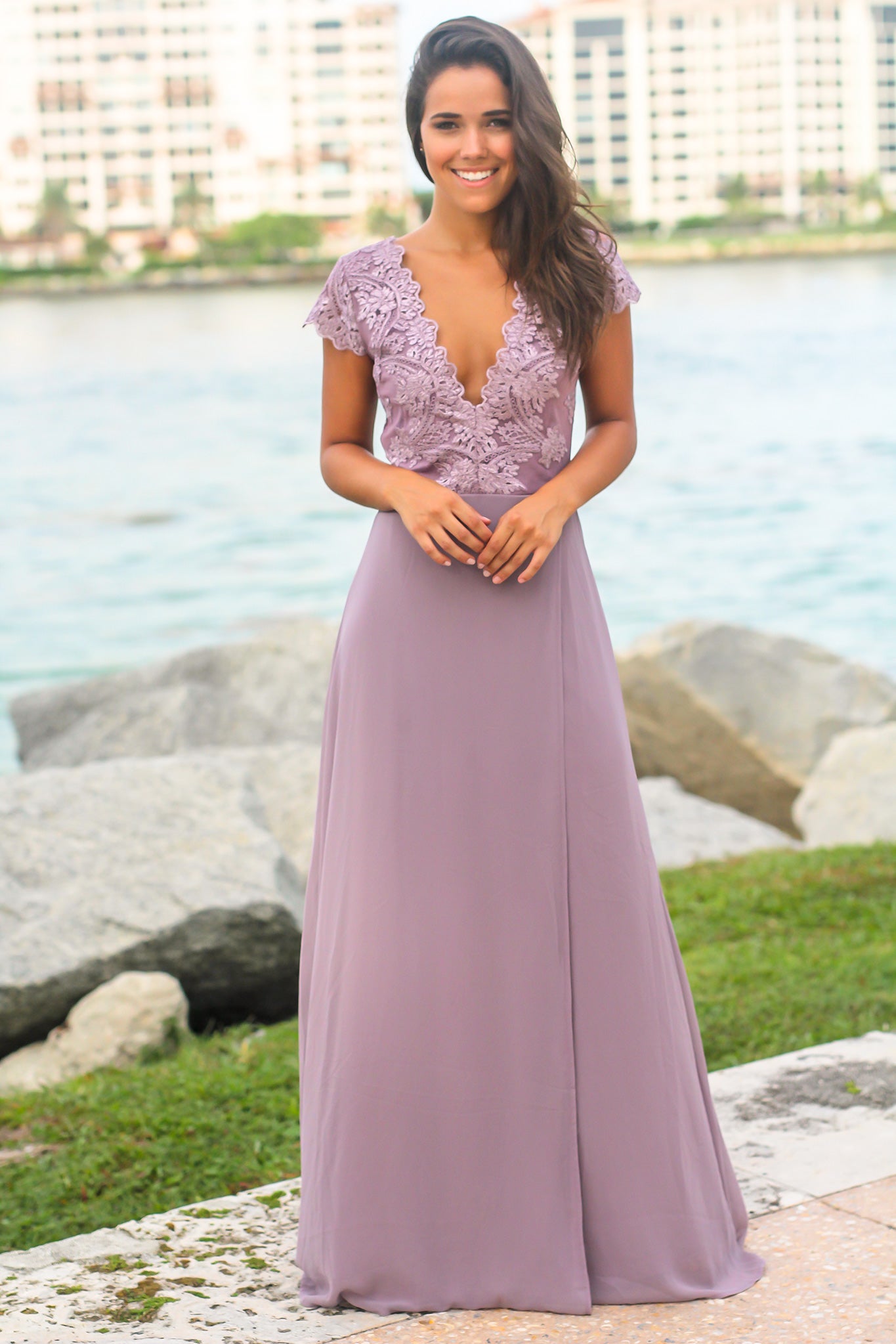 Gorgeous Mauve Maxi Dress with Embroidered Short-Sleeved Top and Side Slit