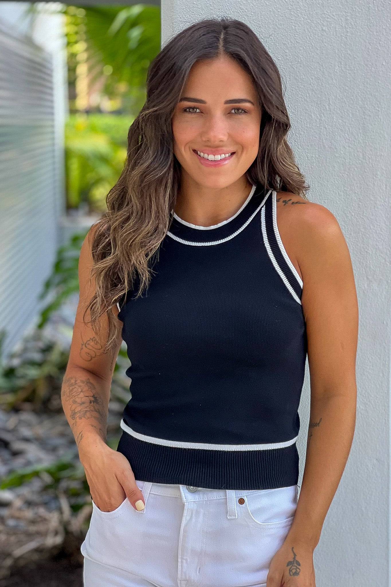 Comfy Black Knit Halter Top with Elegant White Trim