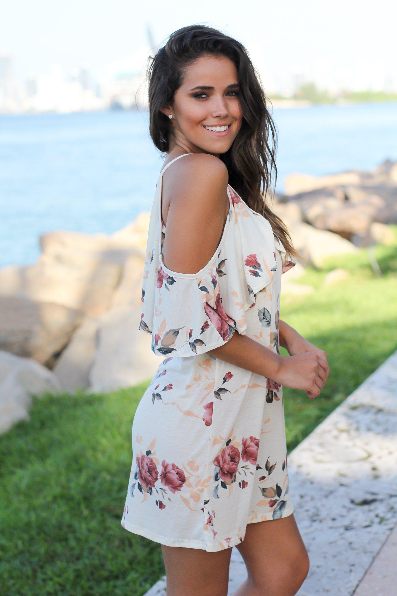 Charming Cream Floral Short Cold - Shoulder Women's Dress for Special Occasions