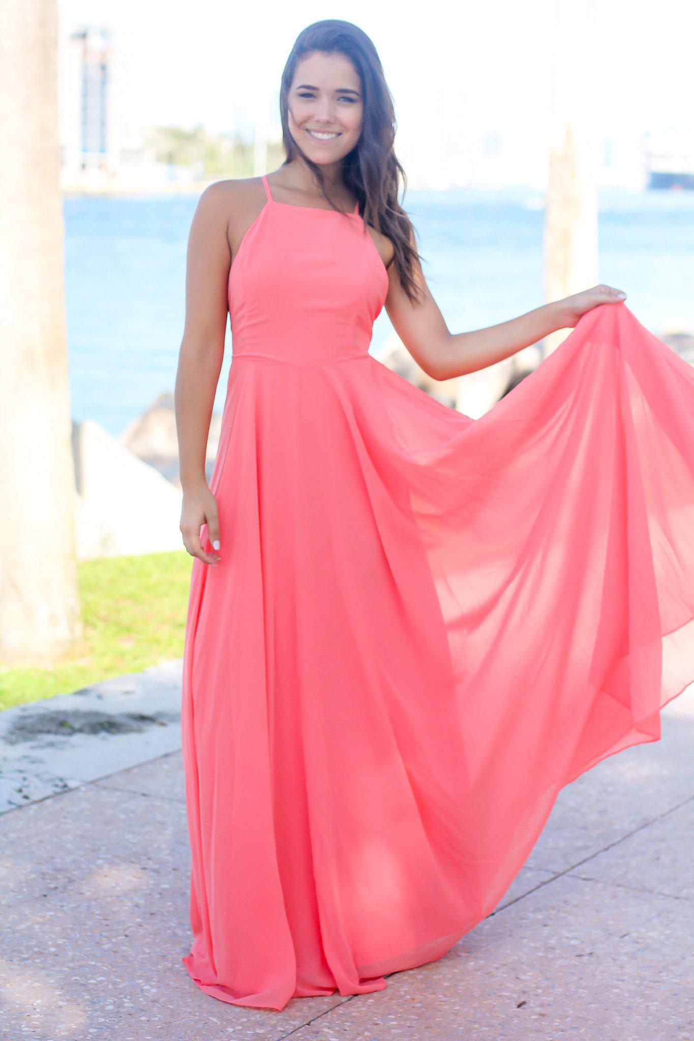 Stunning Coral Halter Maxi Dress with Criss Cross Back