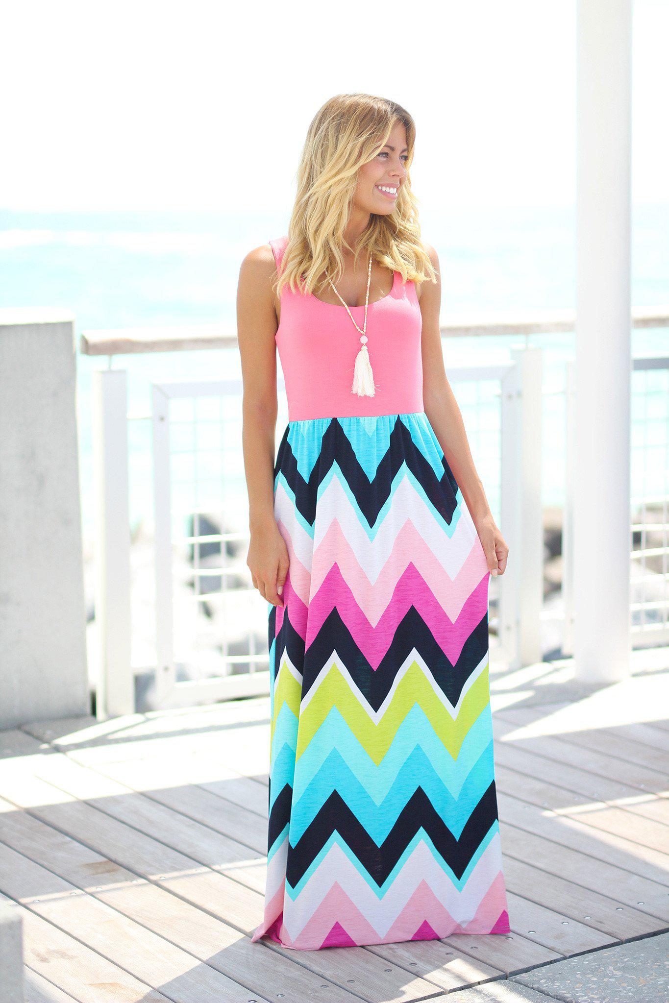 Stunning Coral Top Chevron-Patterned Maxi Dress