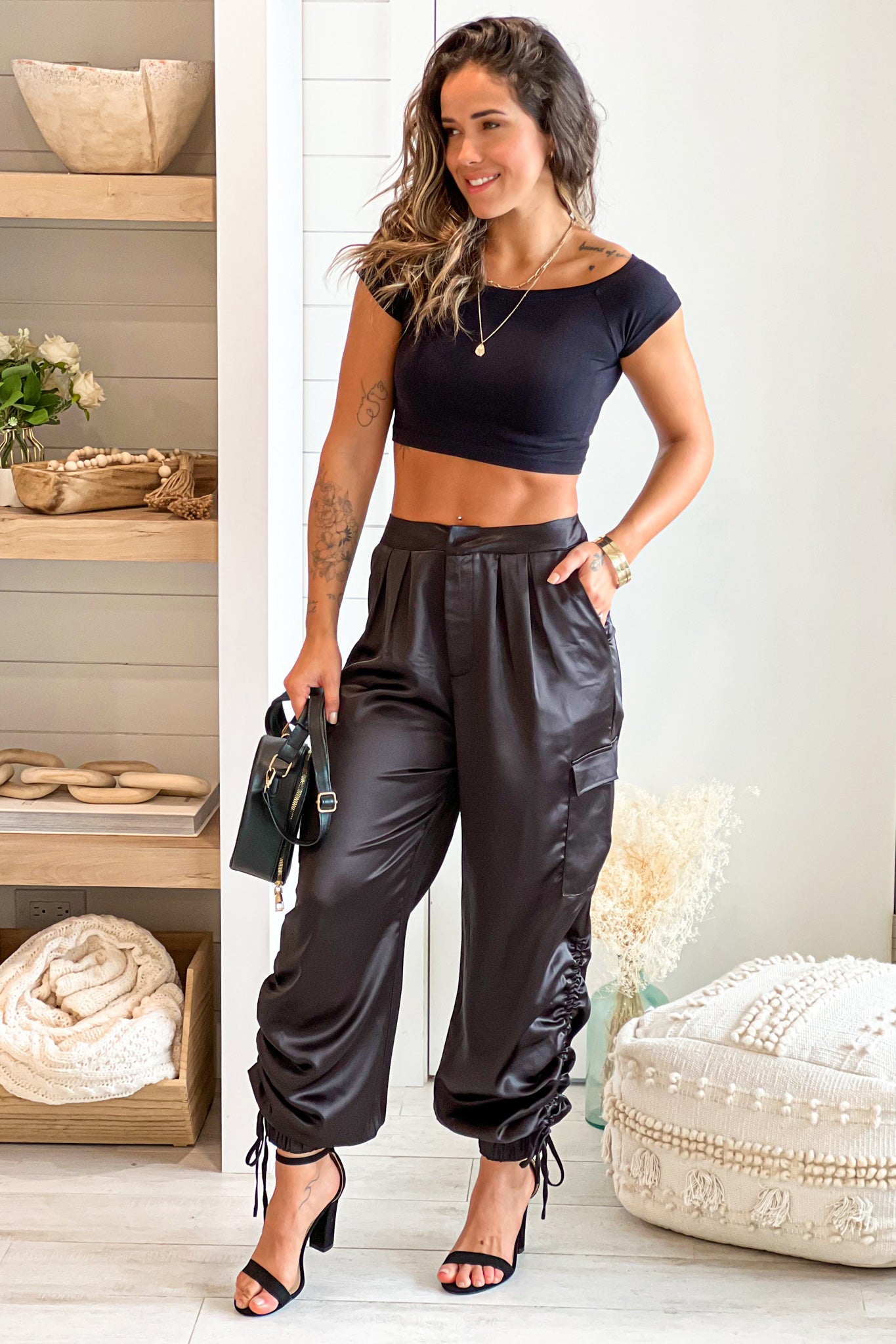 Stylish Black Satin Relaxed Fit Cargo Pants for Fashionable Outfits