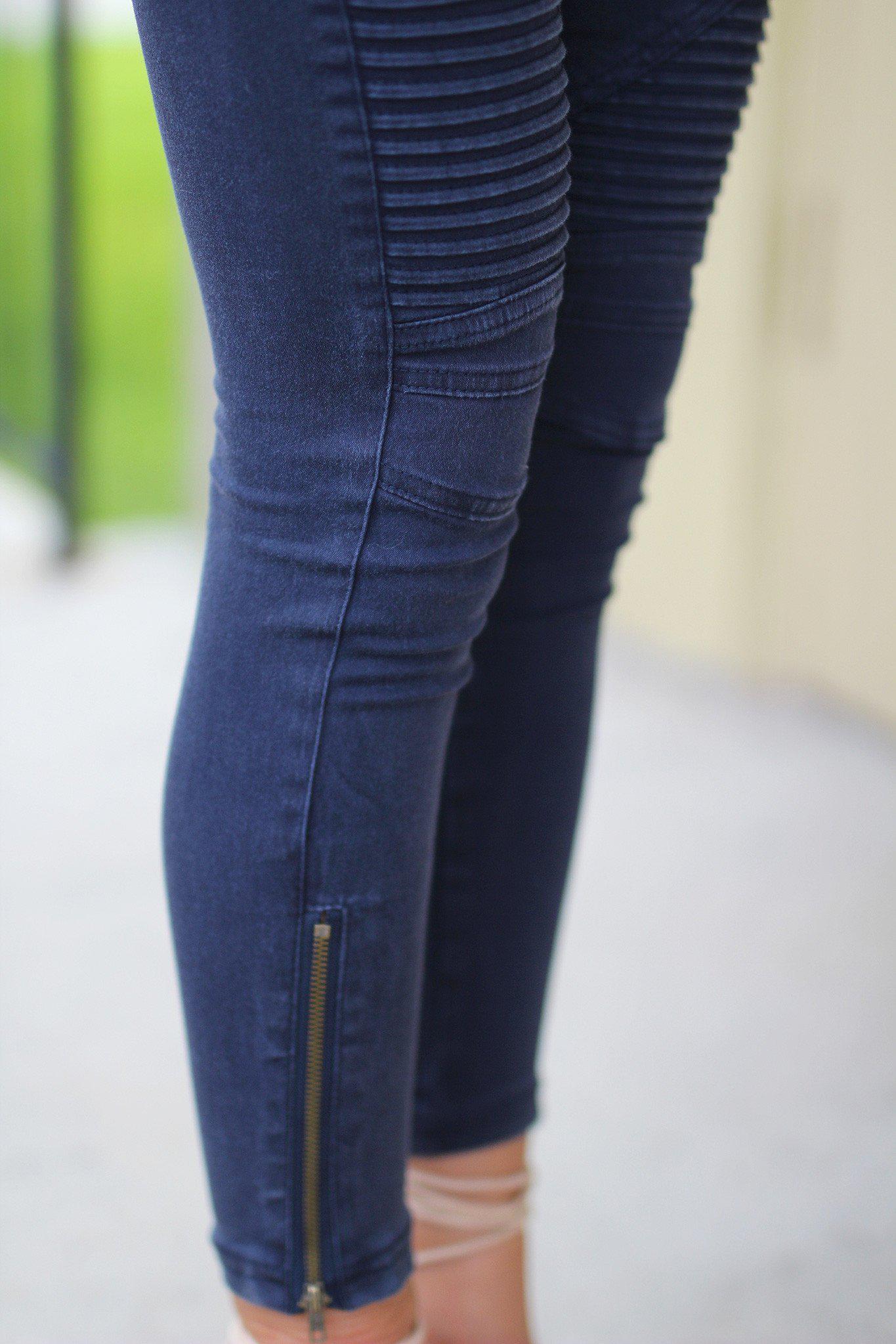 Stylish Midnight Blue Moto Jeggings Featuring Ankle Zippers
