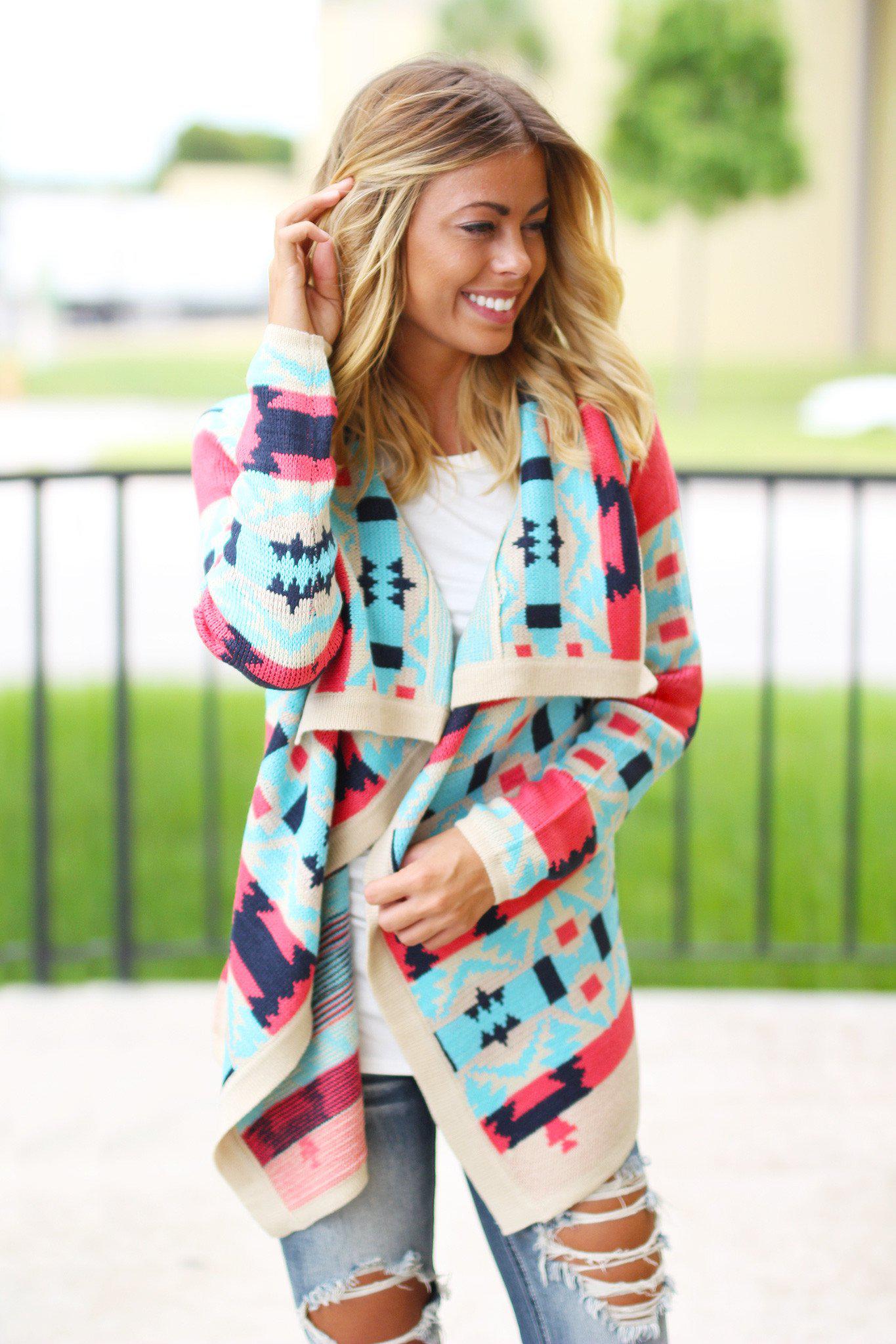 Stylish Coral and Aqua Knit Women's Cardigan