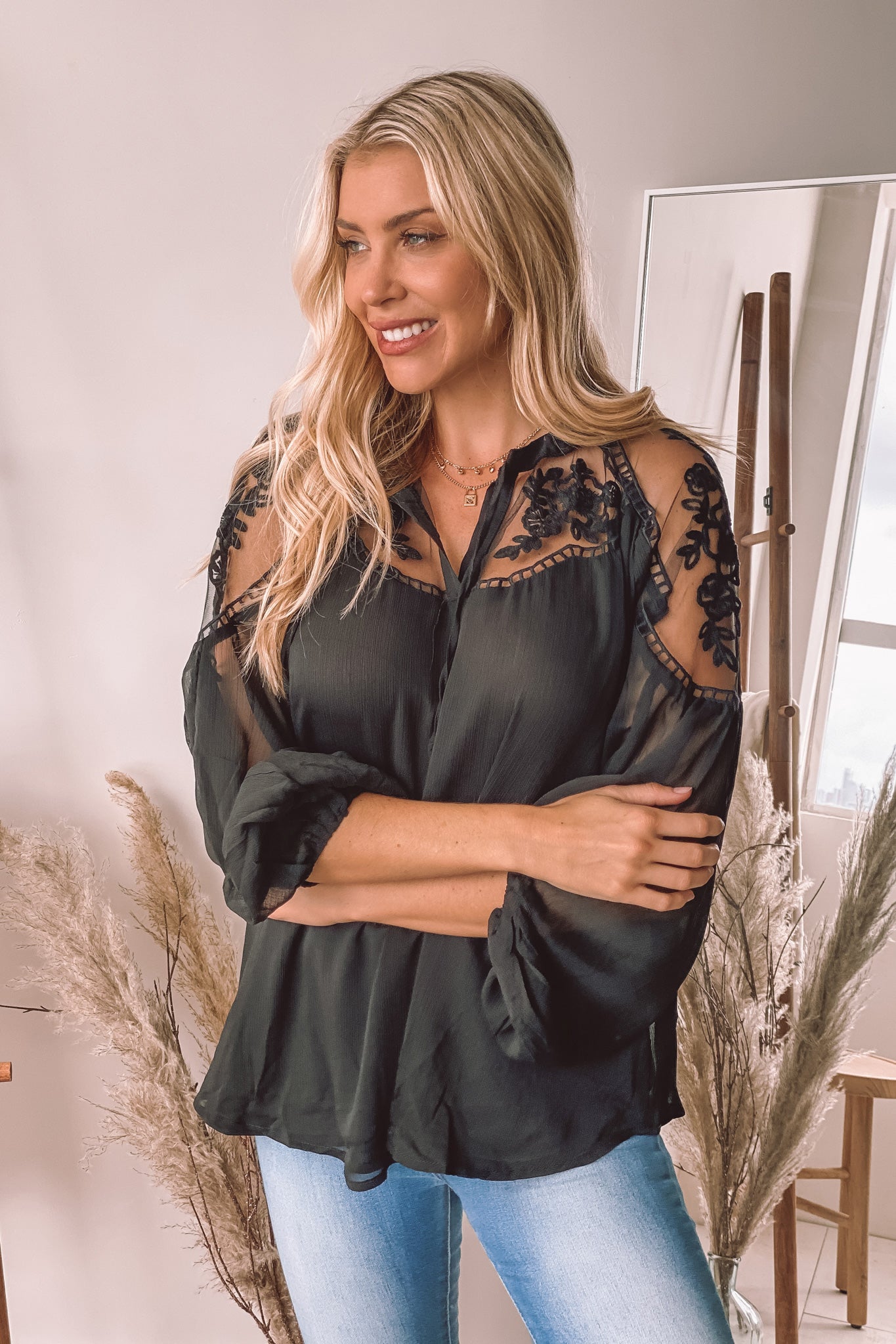 Stylish Black Sheer Women's Crochet Neck Long Sleeve Top