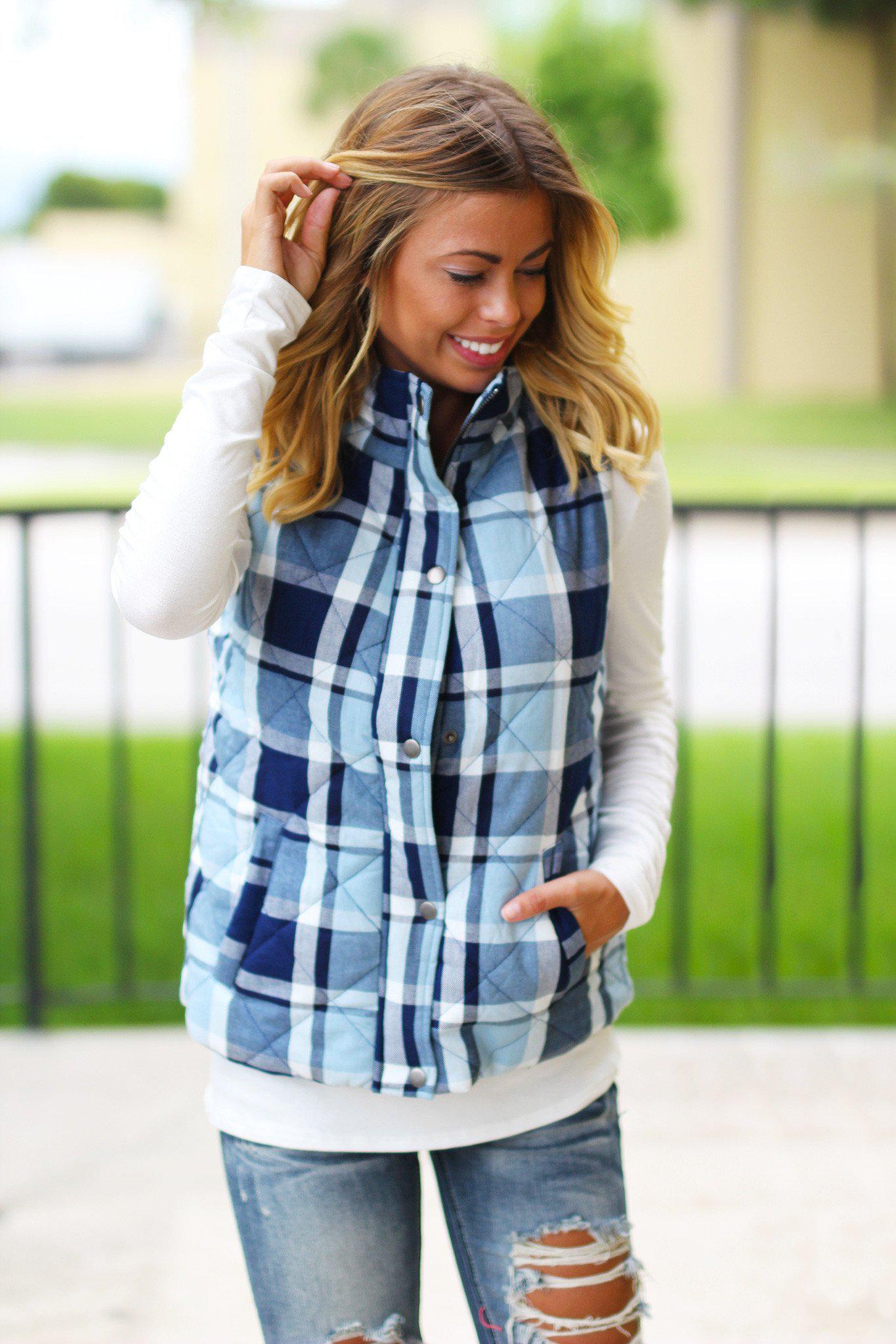 Stylish Blue Plaid Cotton Vest for Fall/Winter with Convenient Front Pockets