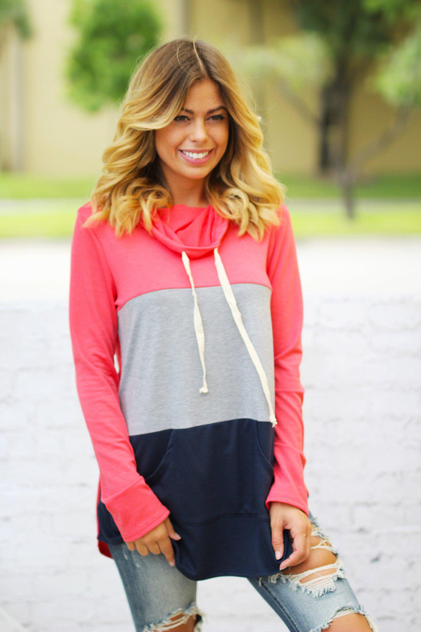 Stylish Coral Color - Block Pocketed Tunic Top for Fall