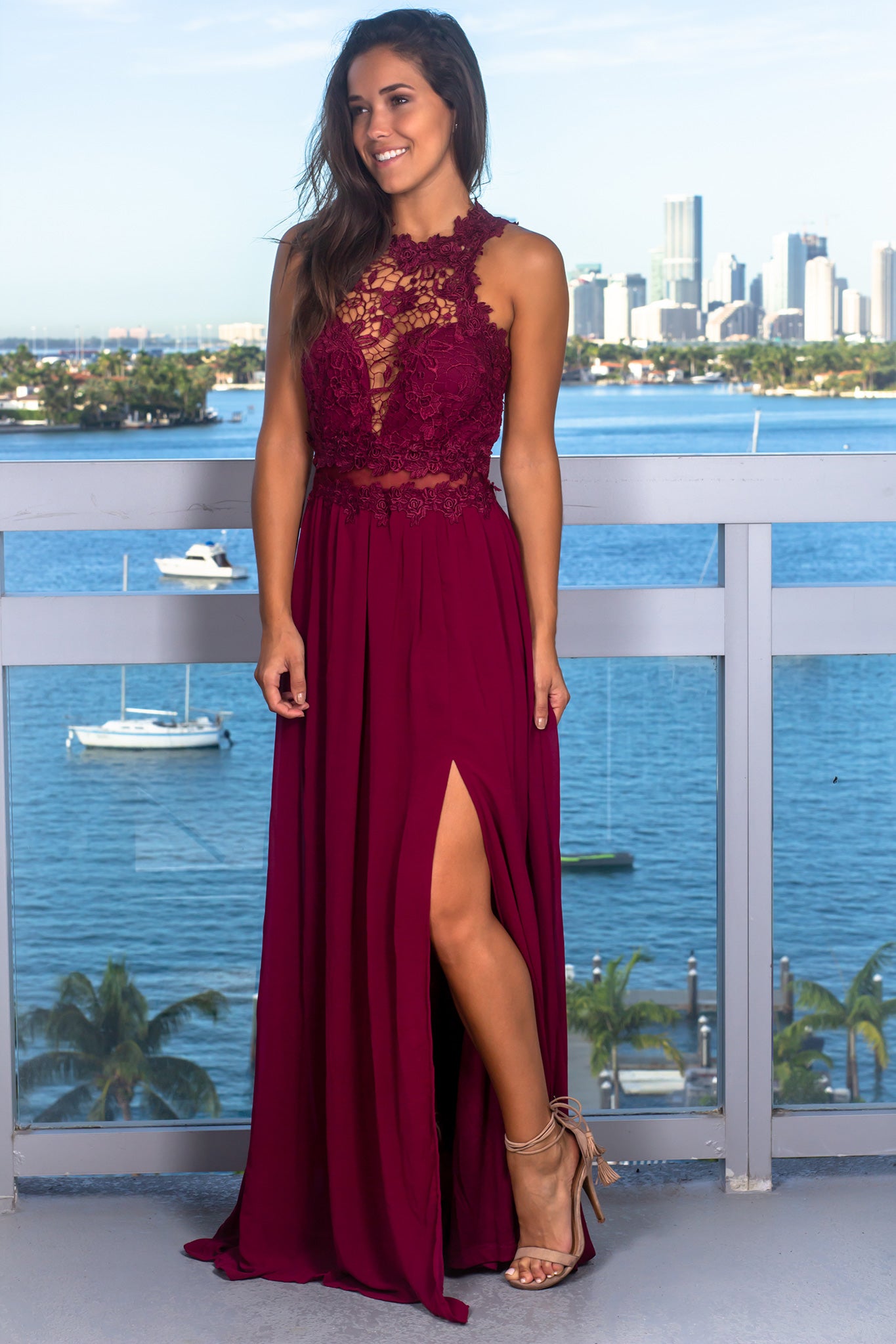 Stylish Merlot Embroidered Sleeveless Maxi Dress with Strappy Back