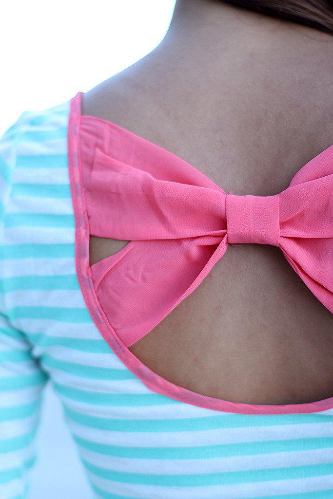 Stylish Mint, White And Pink Striped Women's Top With A Black Bow