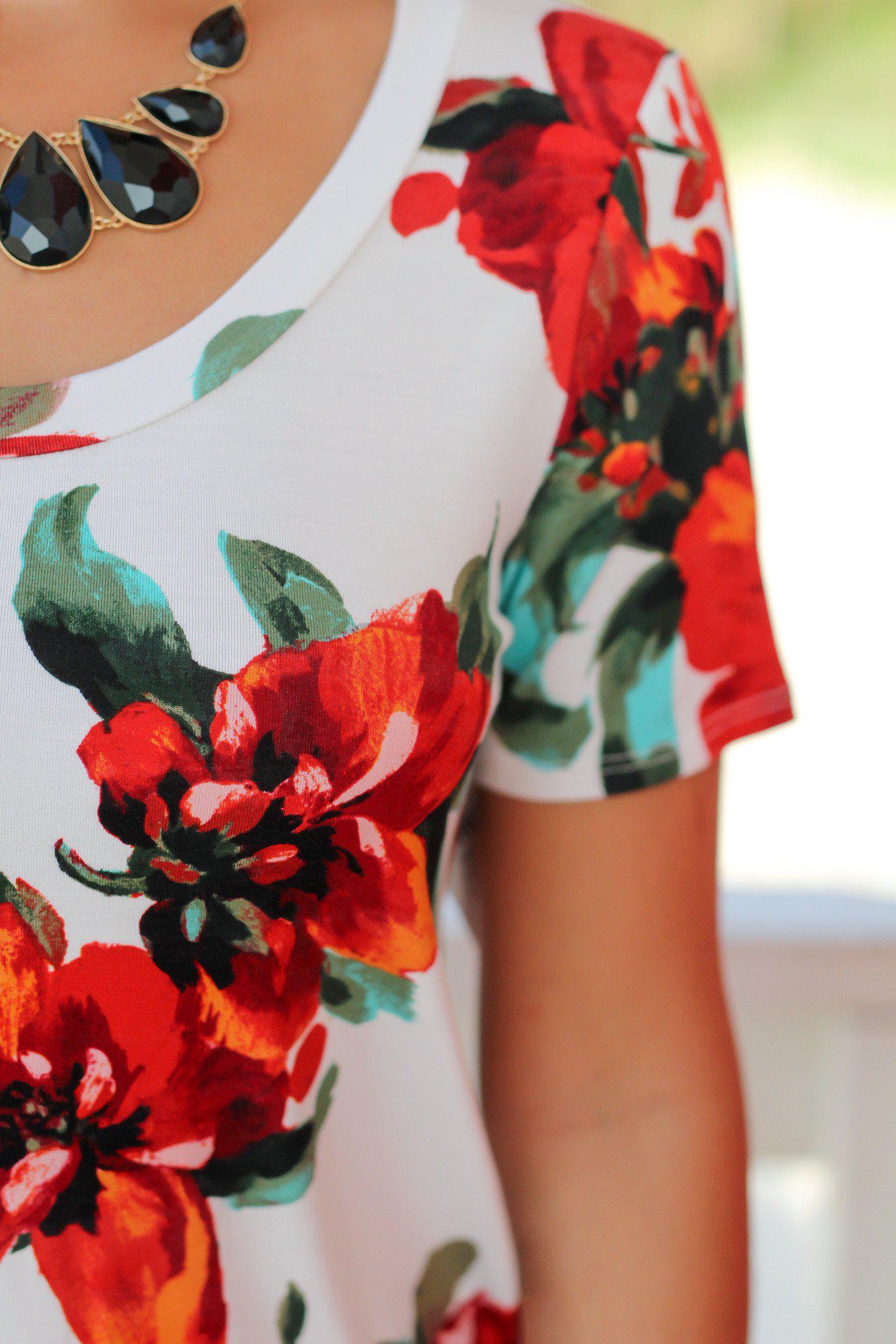 Charming Ivory and Red Floral Women's Top for Spring and Summer