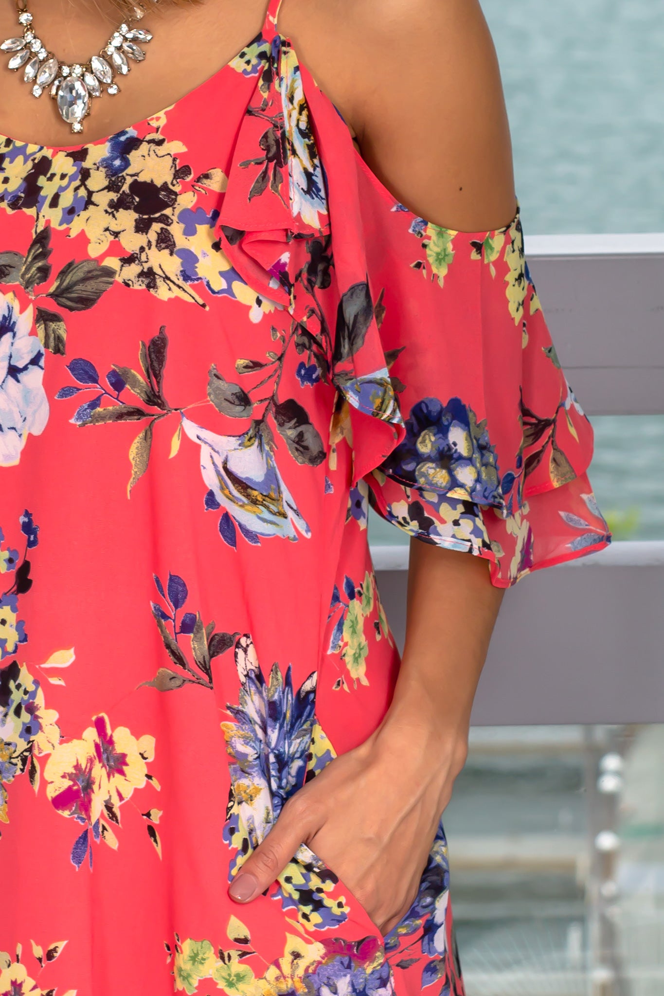 Stylish Coral-Printed Short Women's Dress with Unique Design