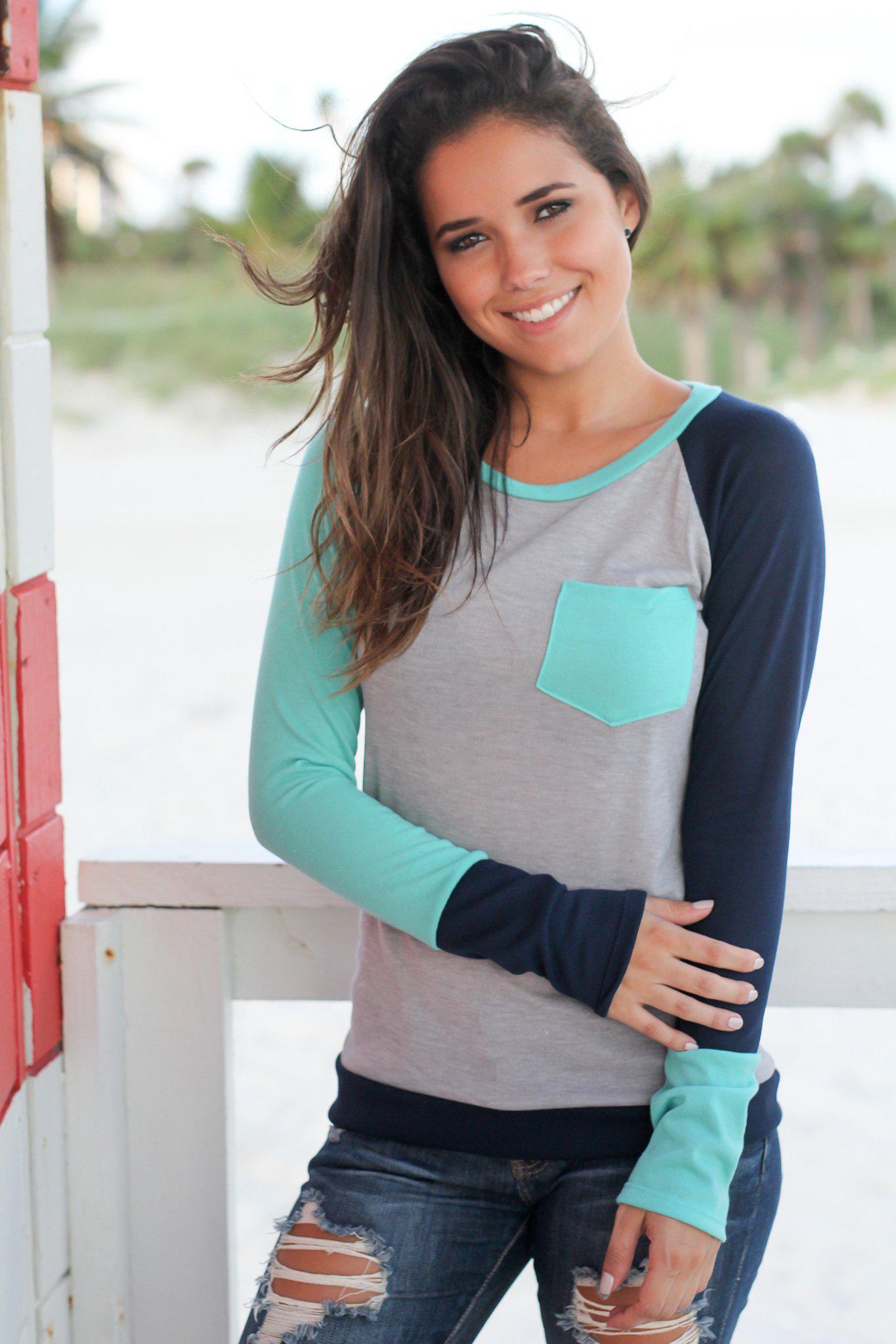 Stylish Mint, Navy and Gray Long Sleeve Color - Blocked Top