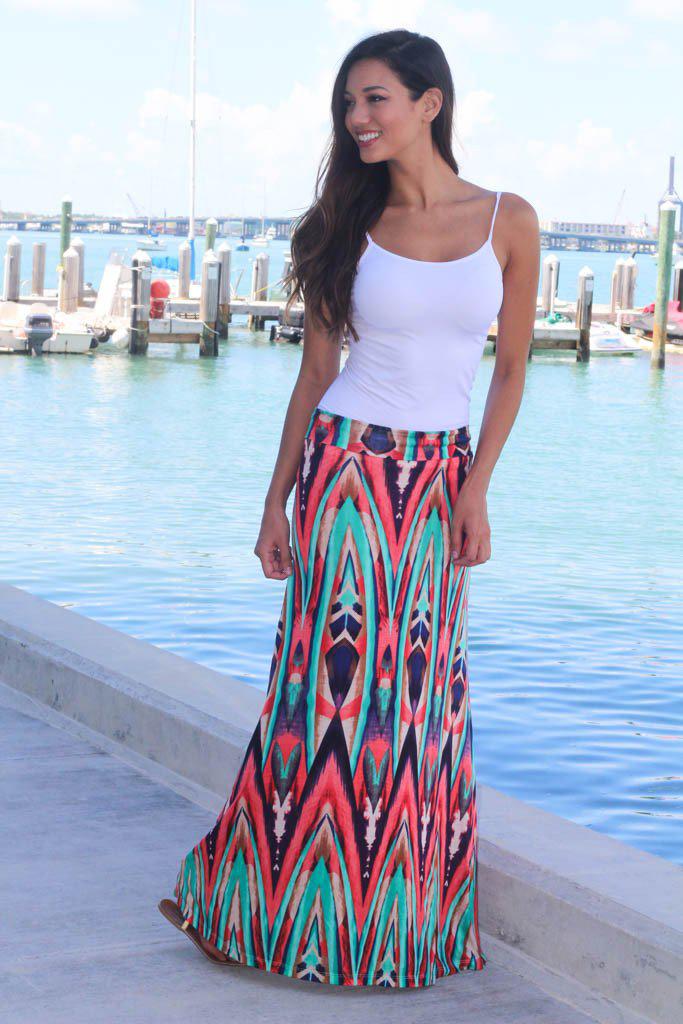 Stunning Coral and Mint Printed Rayon Maxi Skirt with Fold-Over Waistband