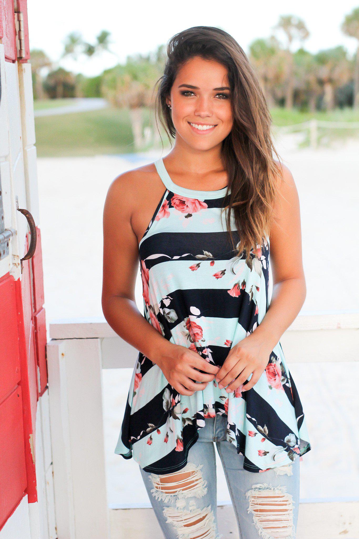 Stylish Mint, Navy Floral Striped Sleeveless Racerback Top