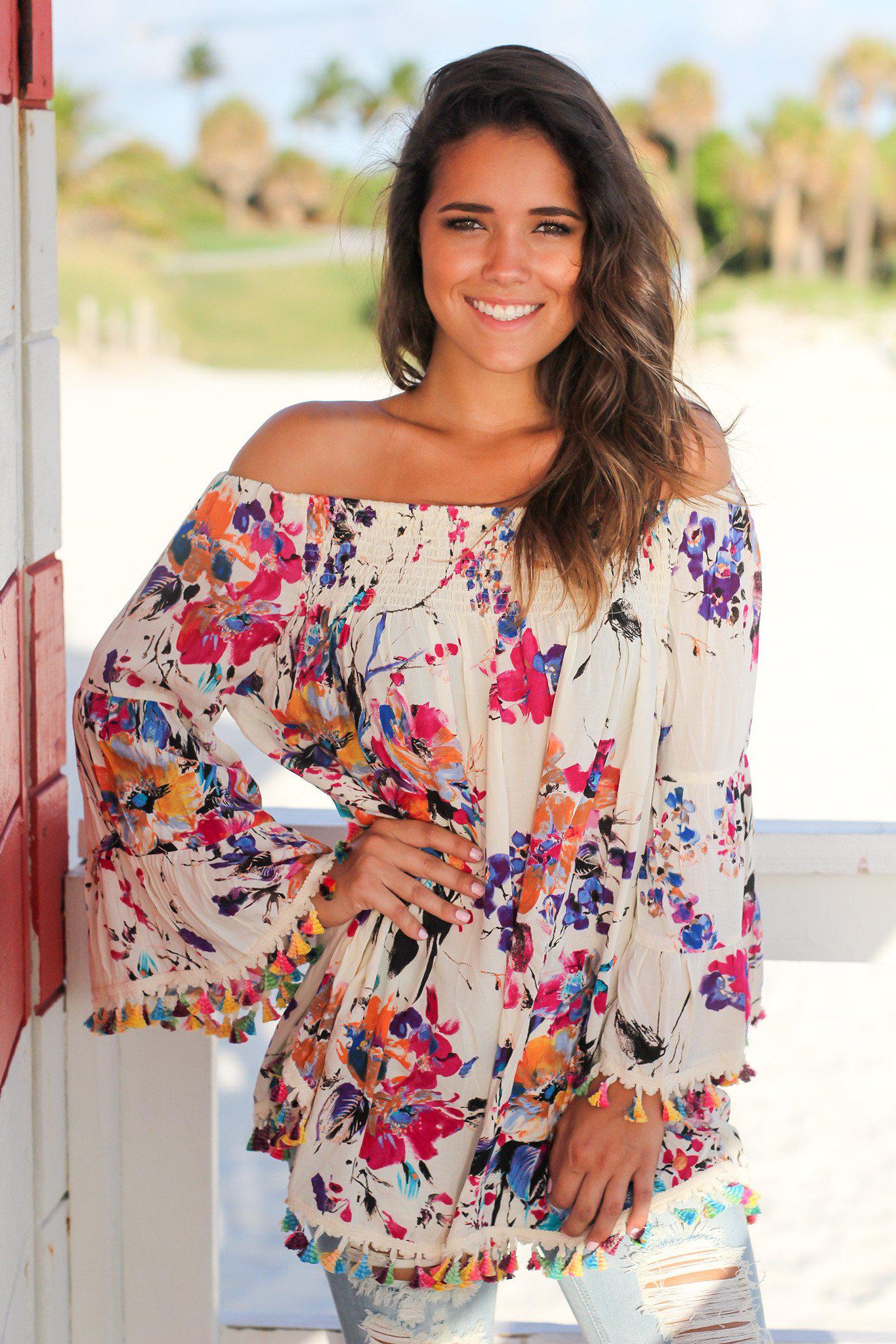 Charming Cream Floral Off-the-Shoulder Women's Blouse with Tassel Decorations