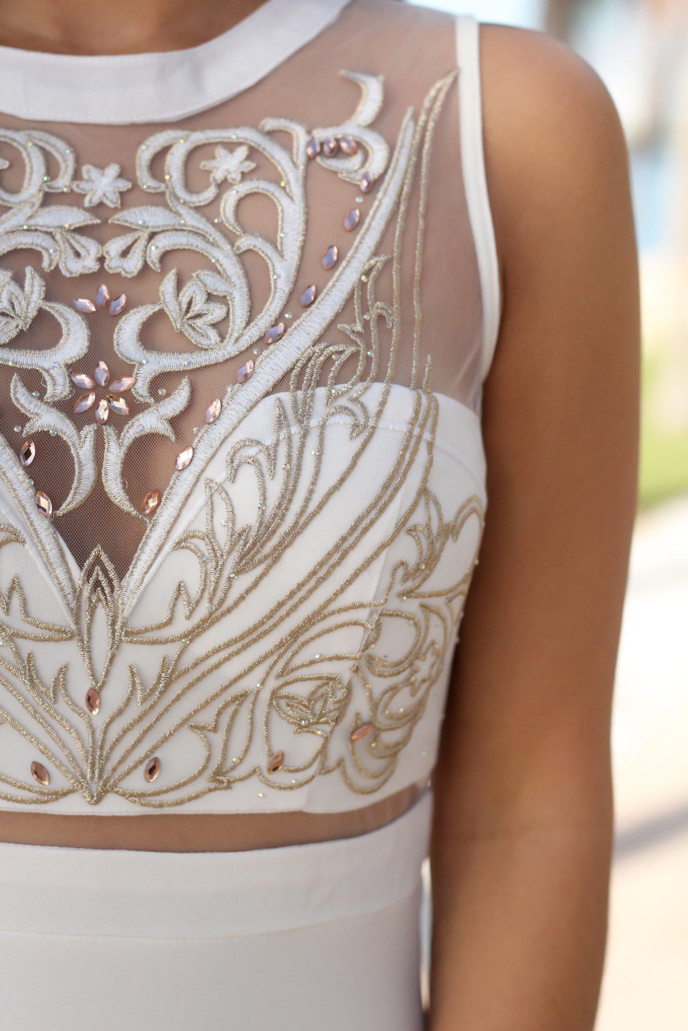 Stunning Cream and Gold Crystal-Embroidered Maxi Dress with Tulle Back