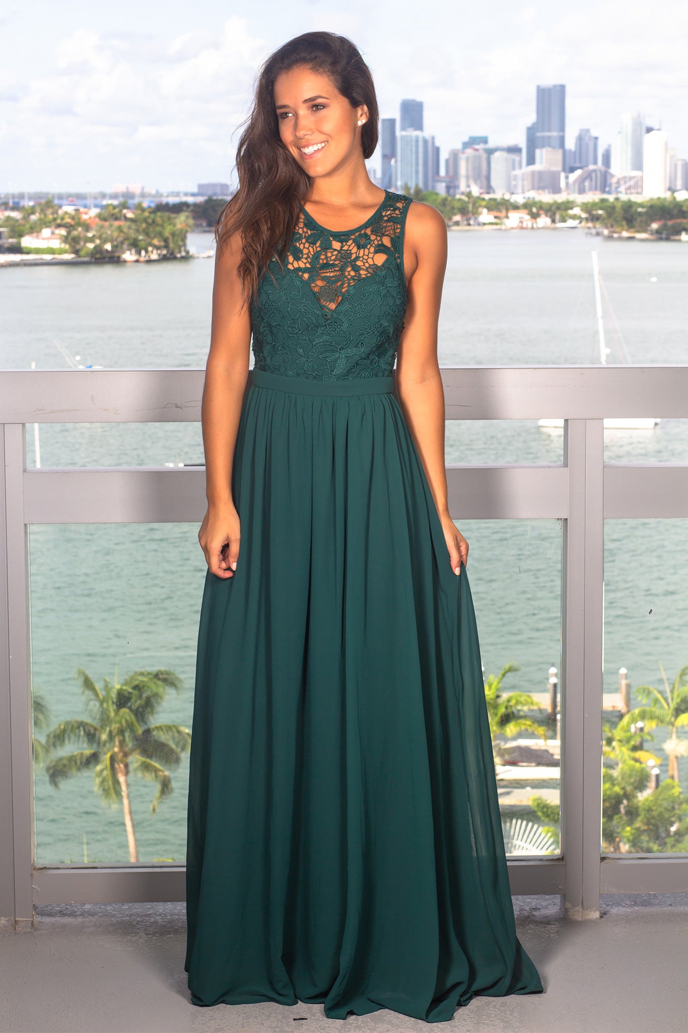 Elegant Hunter Green Crochet Open - Back Maxi Dress for Special Occasions