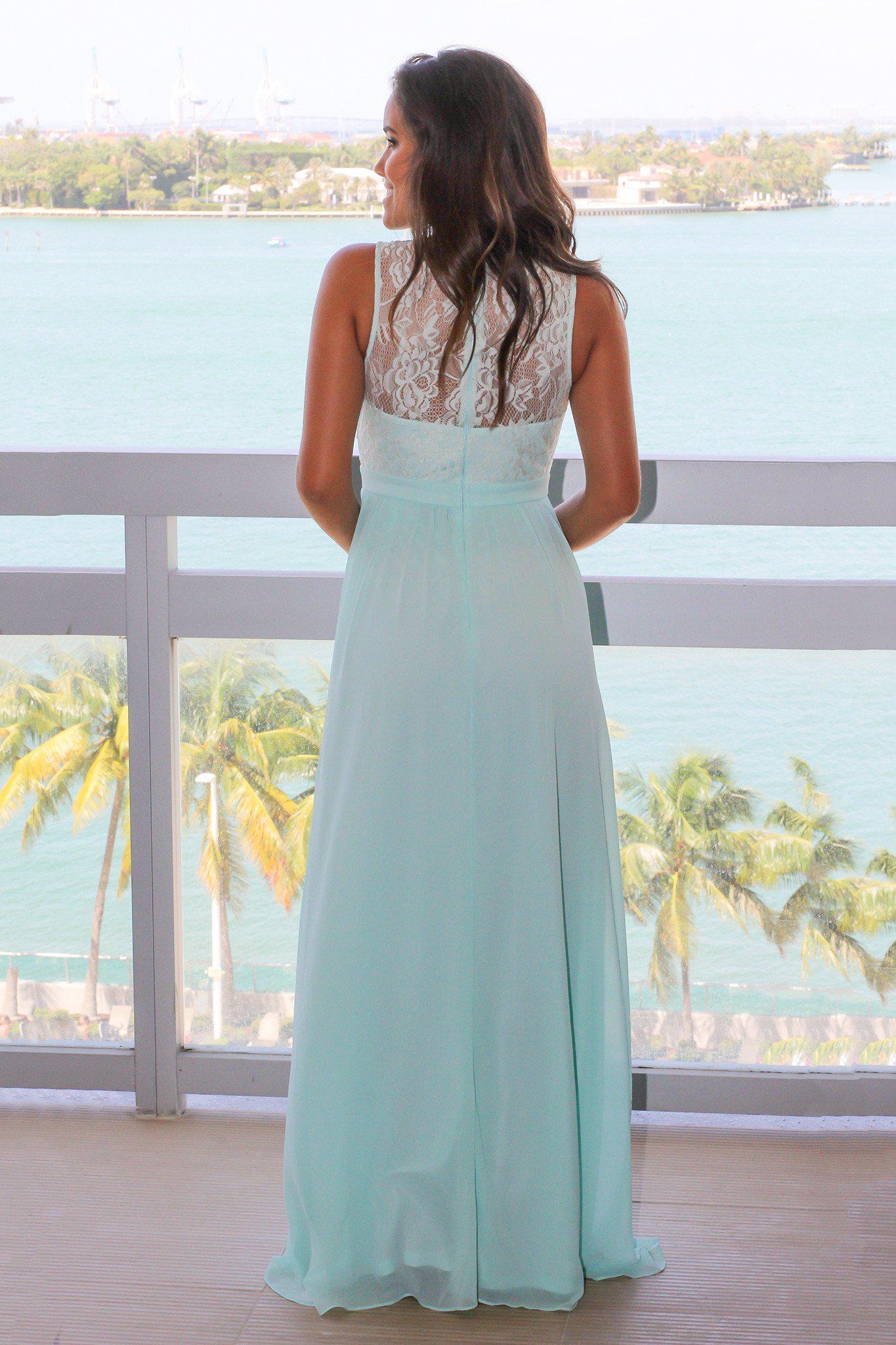 Exquisite Mint Green Chiffon Maxi Bridesmaid Dress with Delicate Lace Top