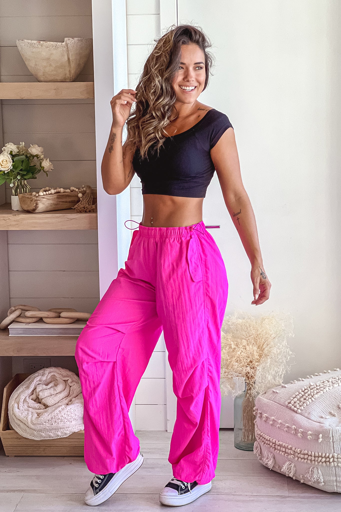 Stylish Hot Pink Adjustable Hem Relaxed Fit Pants