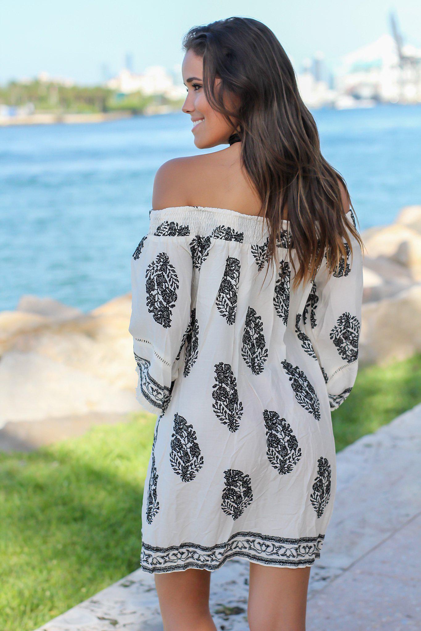 Stylish Ivory and Black Printed Off - Shoulder Short Dress for a Comfy Look