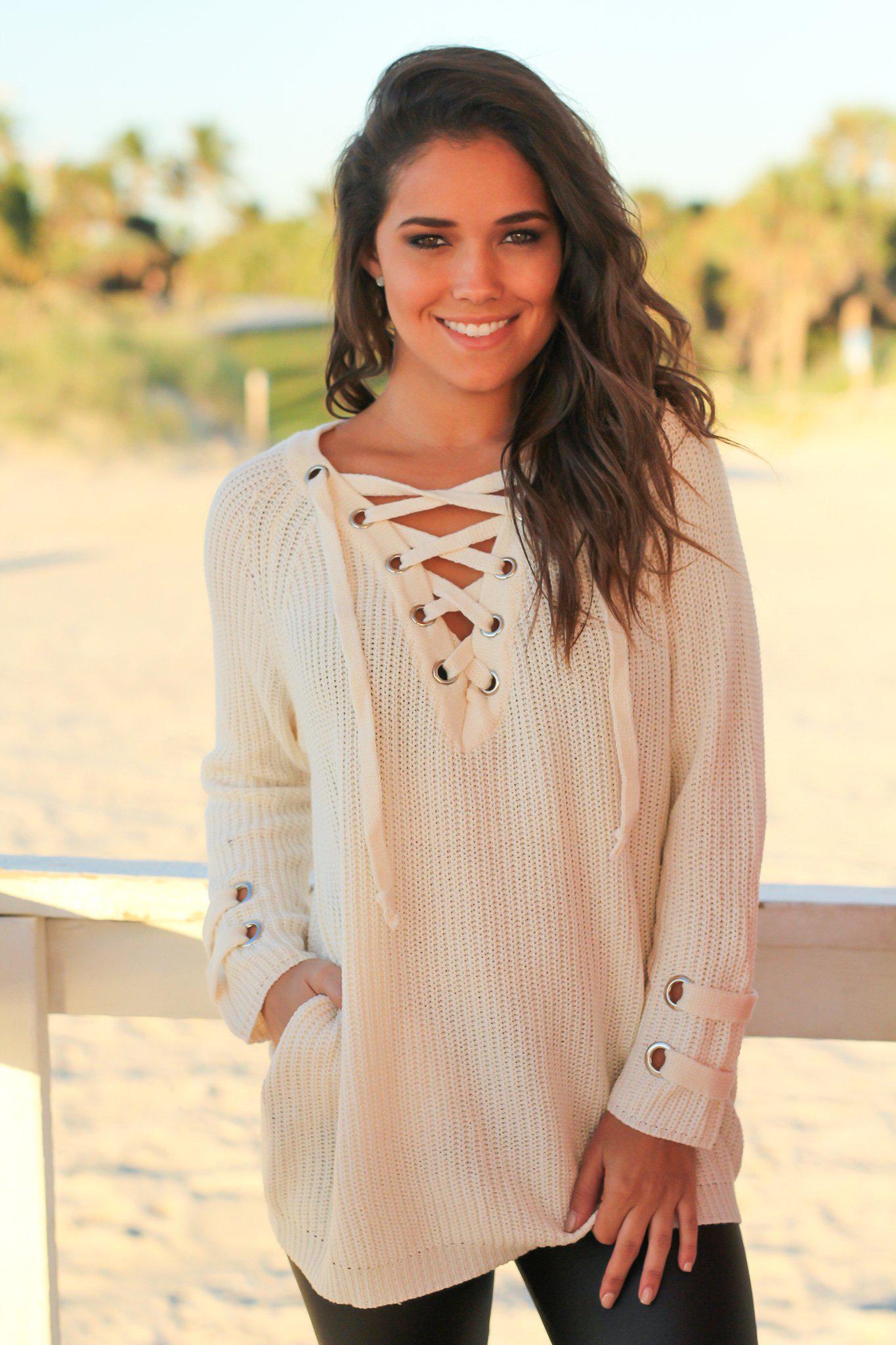 Cream Colored Lace Up Knitted Women's Sweater for Fall and Winter