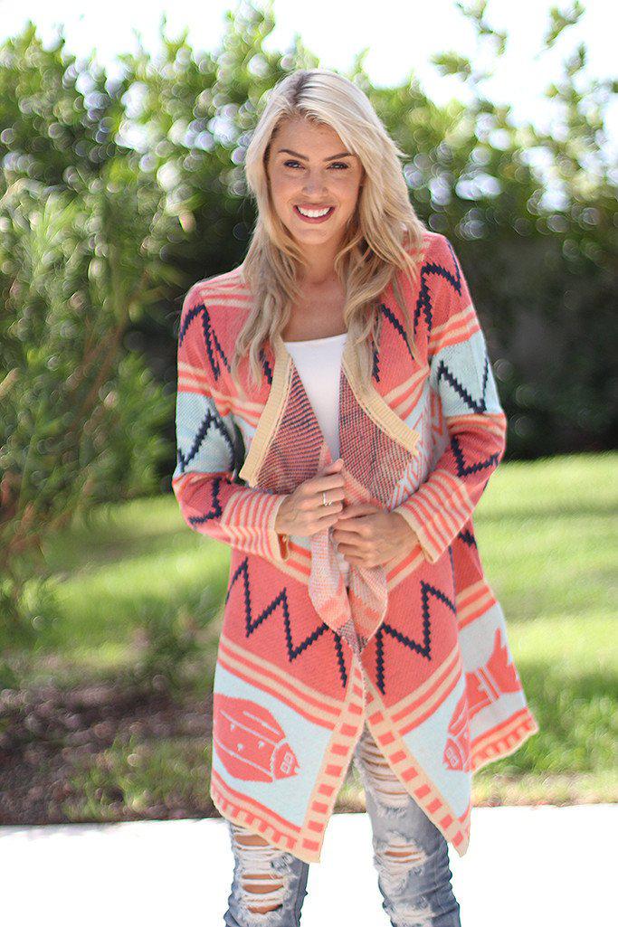 Stylish Coral and Mint Colored Long Women's Cardigan for Everyday Wear