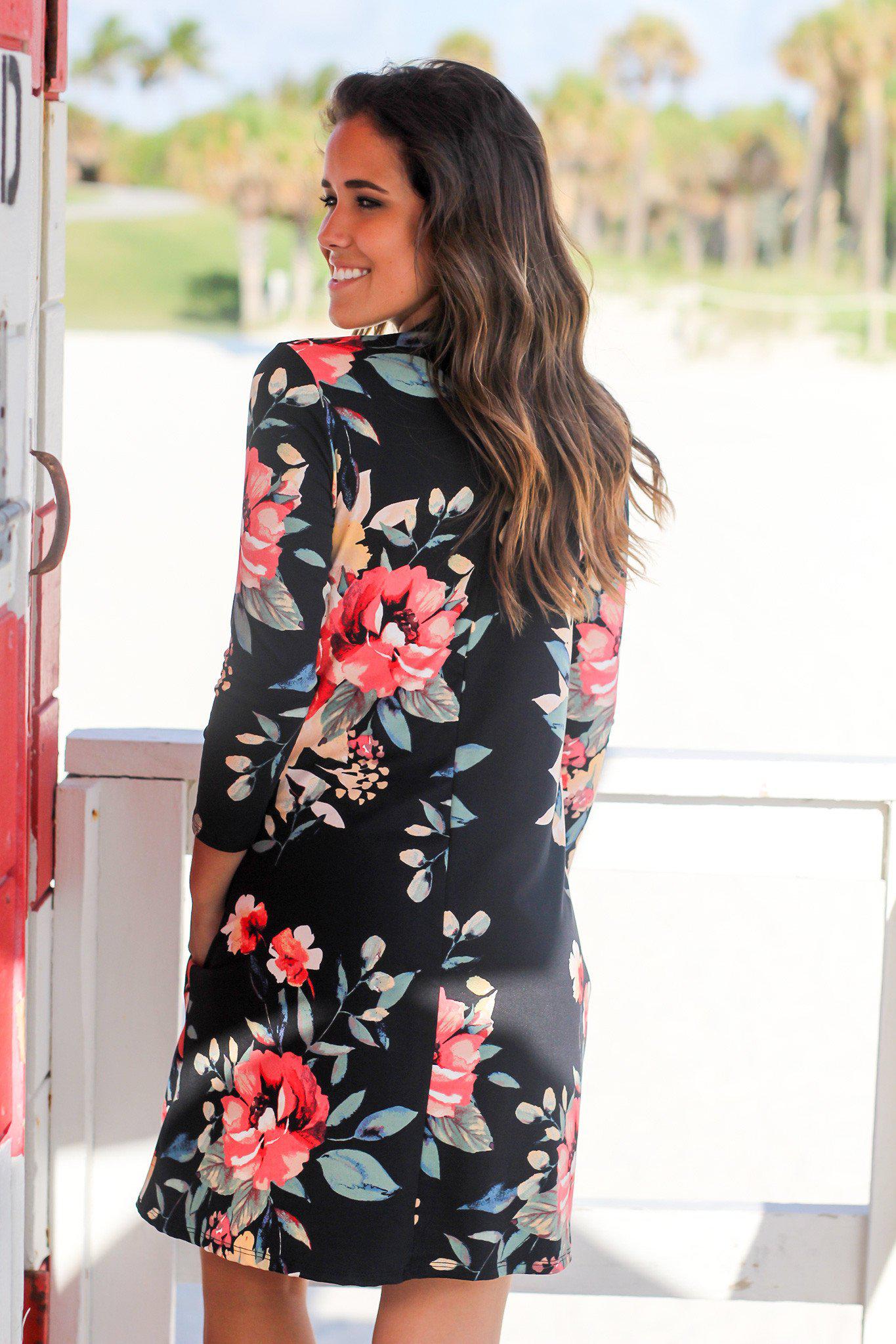 Charming Short Black Floral Mock Neck Women's Dress
