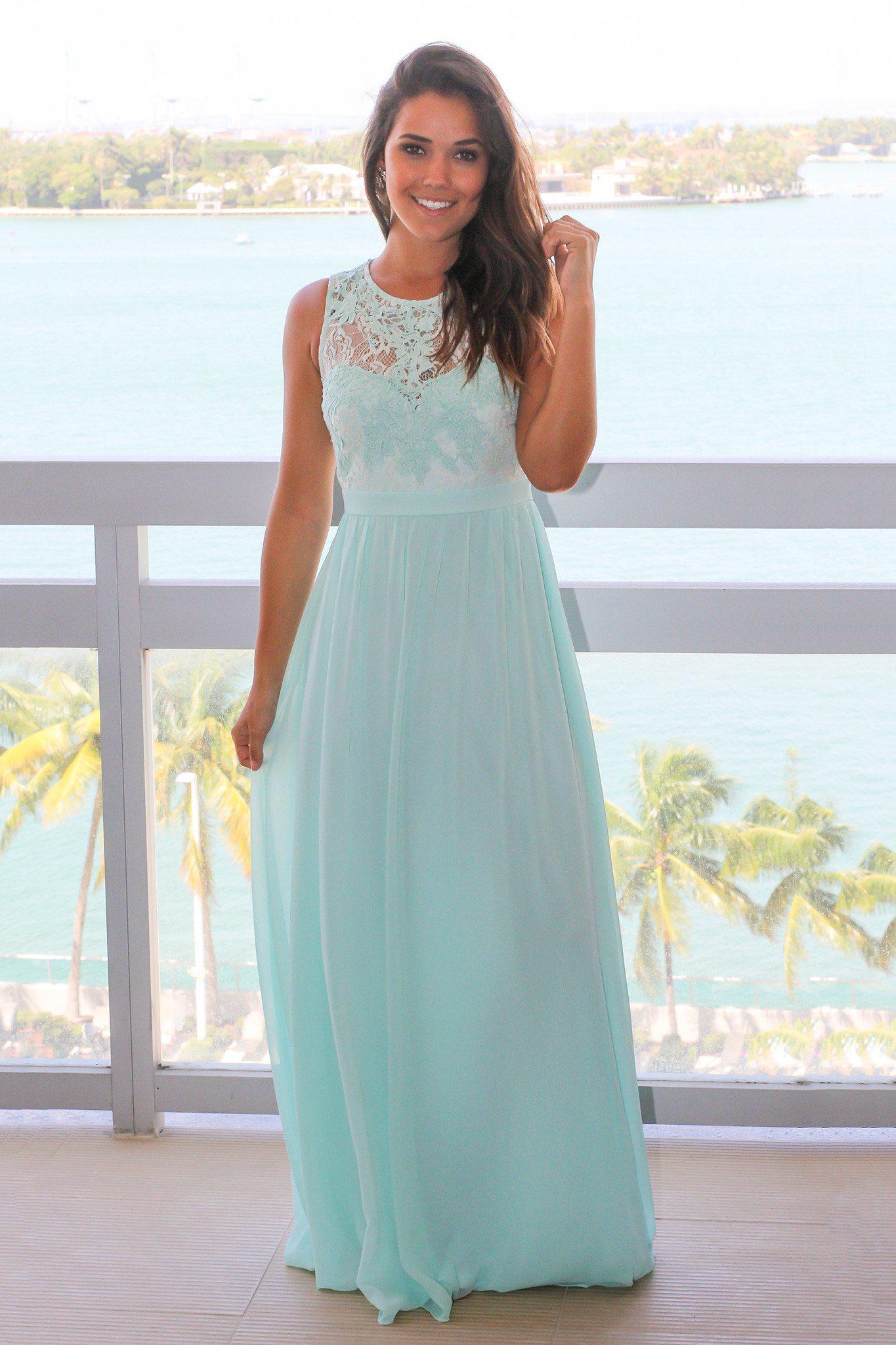 Exquisite Mint Green Chiffon Maxi Bridesmaid Dress with Delicate Lace Top