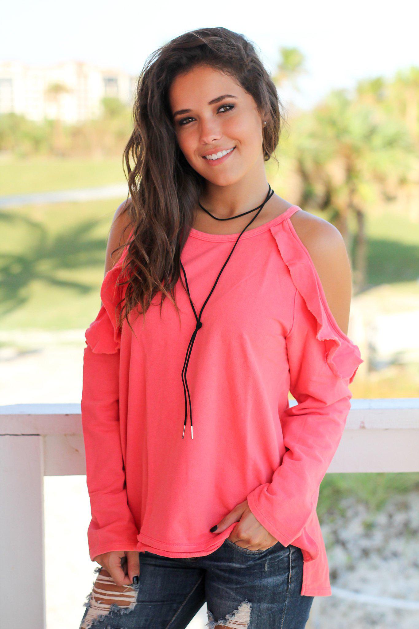 Fashionable Coral Cold Shoulder Women's Top with Ruffled Trim
