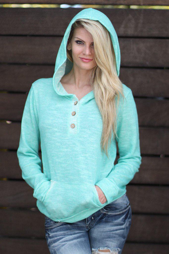 Stylish Mint-Colored Buttoned Hoodie with Convenient Pockets