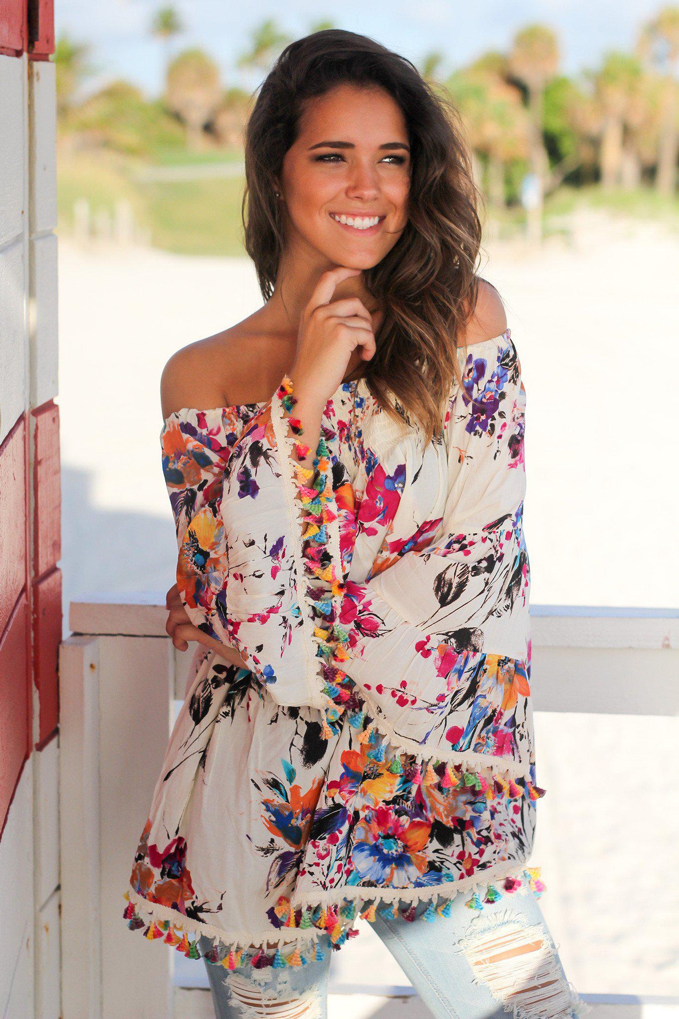 Cream Floral Off Shoulder Top with Tassels