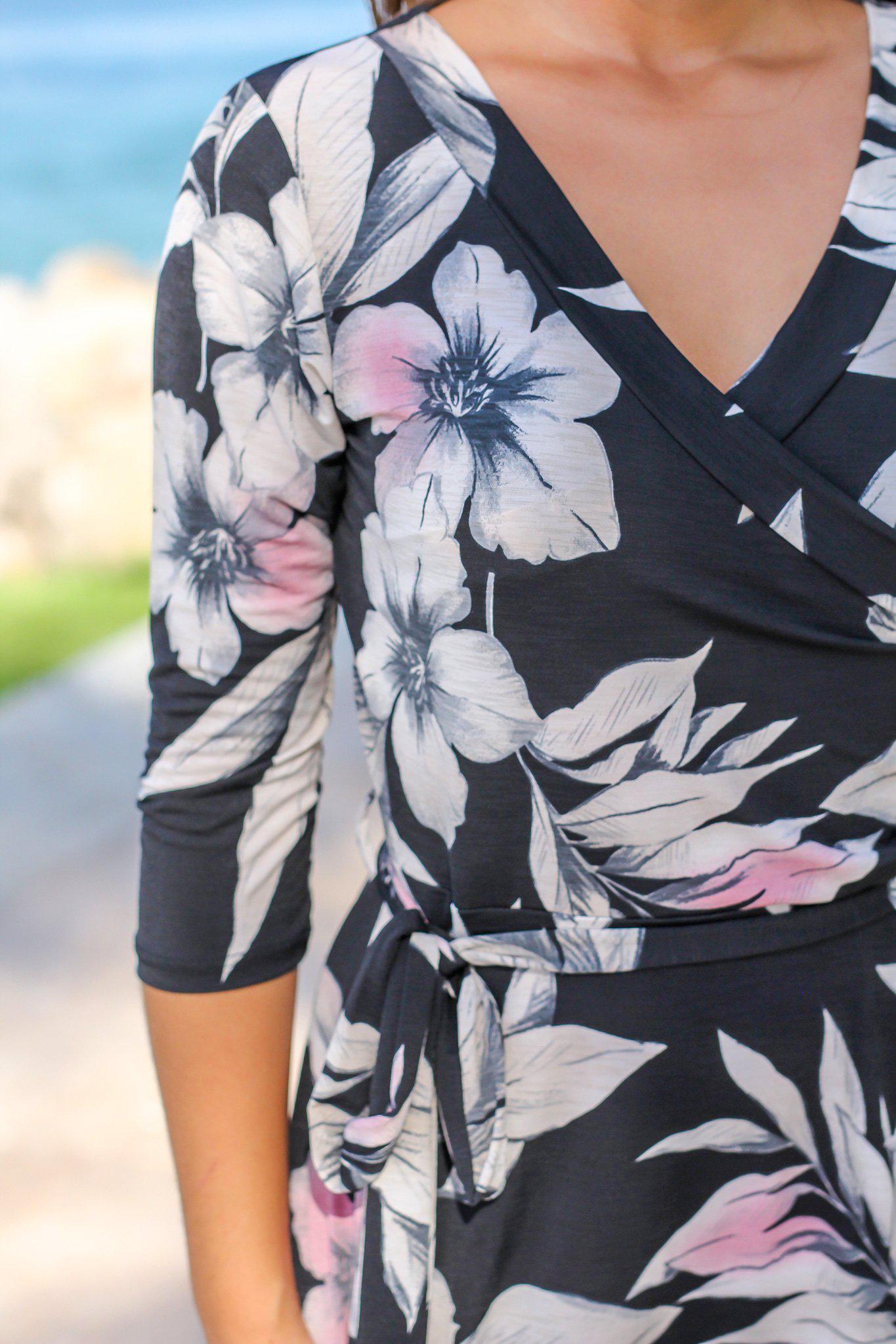 Stylish Women's Black Floral Wrap Design Maxi Dress with Three - Quarter Sleeves