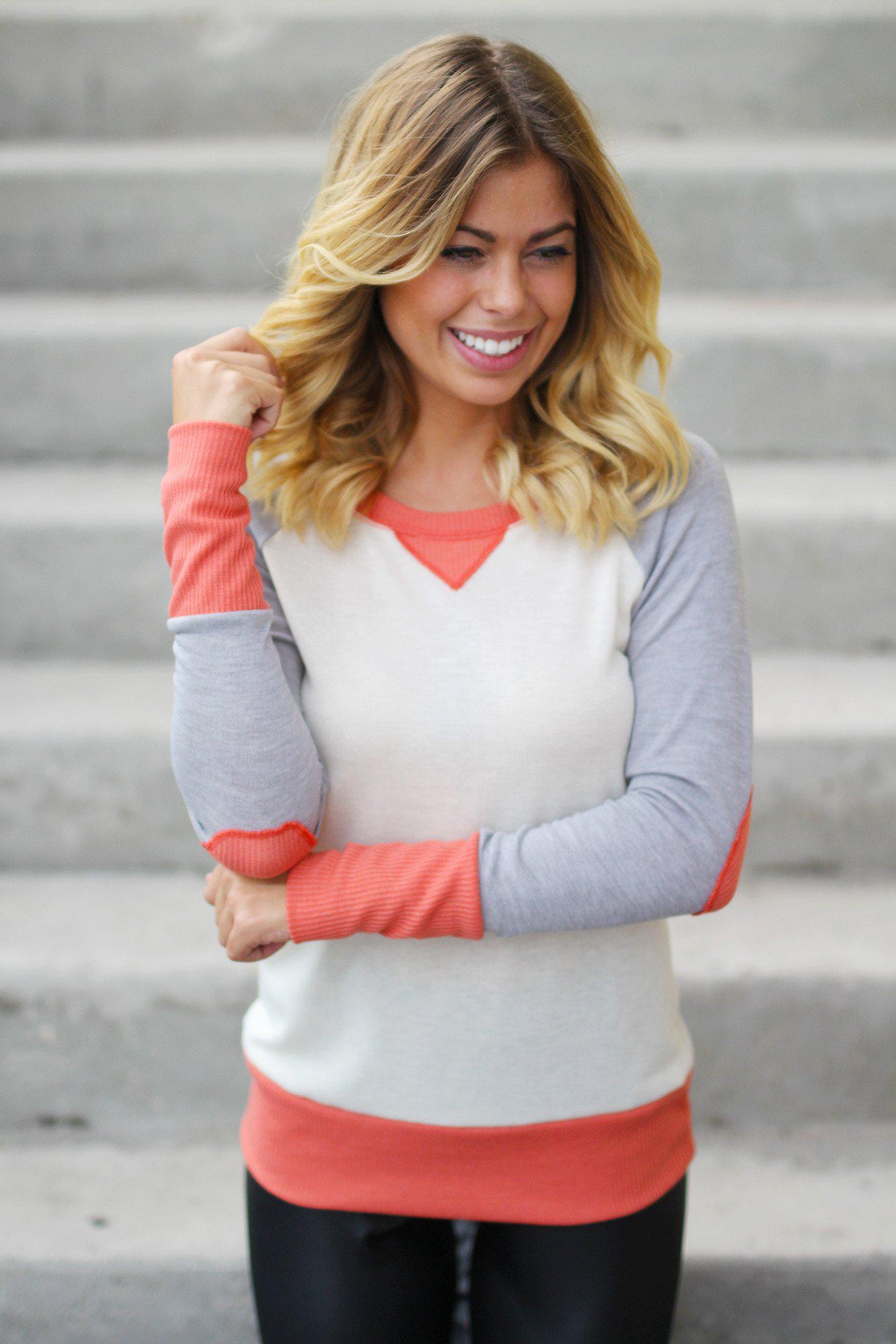 Stylish Women's Coral and Grey Blouse with Adorable Elbow Patches