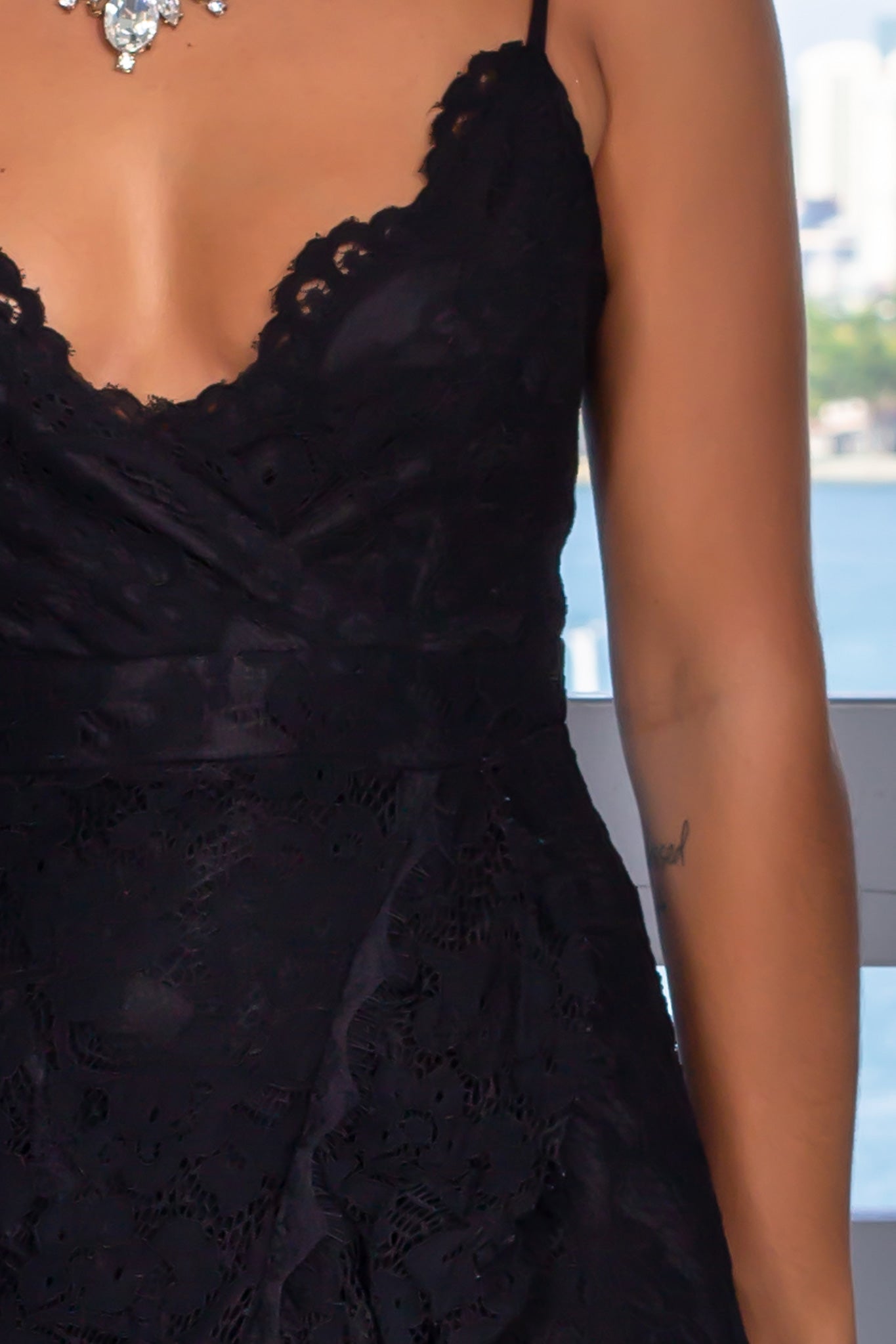 Stunning Women's Black Lace Long Maxi Dress with Exquisite Ruffle Accents
