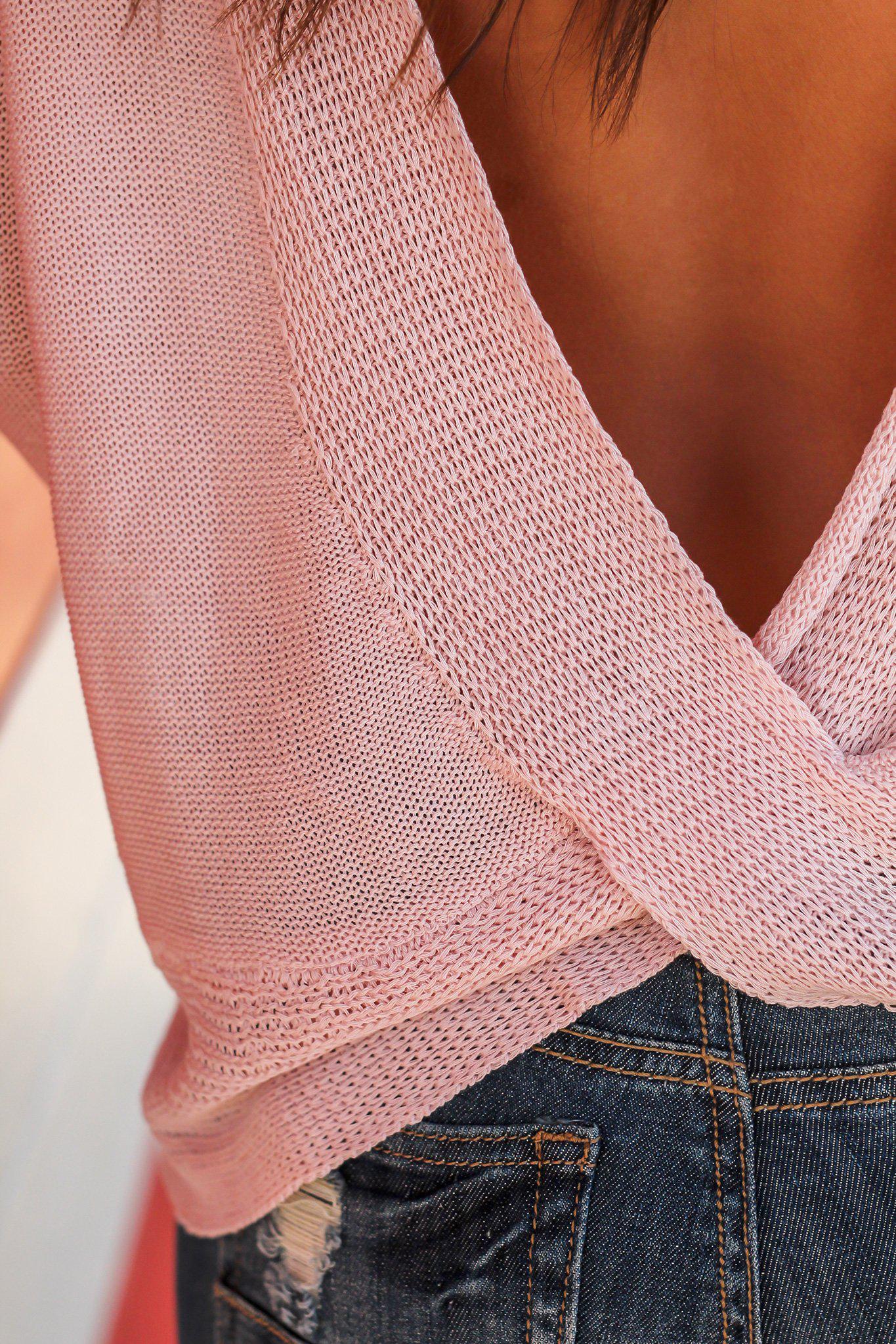 Women's Blush-Colored Knit Long-Sleeved Top with an Open Back Design