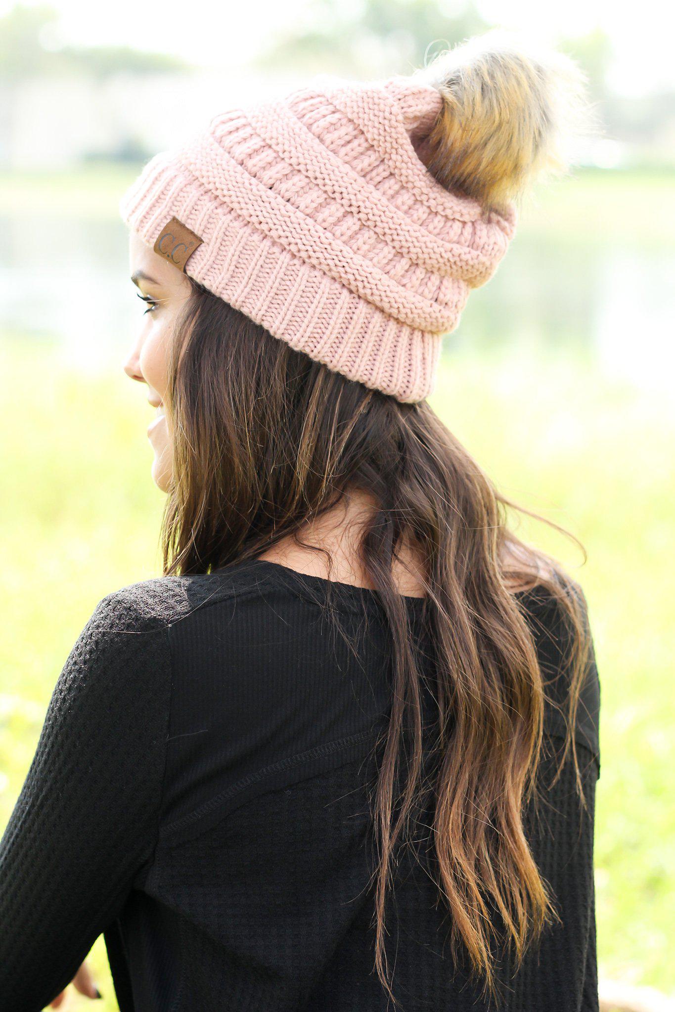 Indian Pink Hand - Knitted Fashionable Beanie Hat with a Cute Pom - Pom