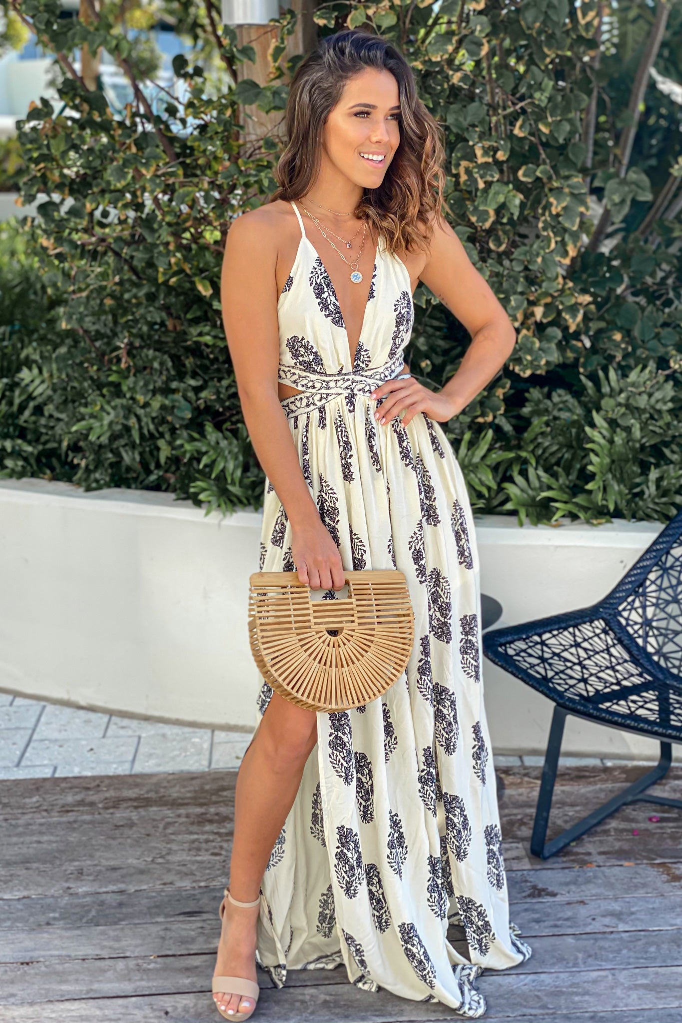 Stylish Cream and Black Printed Side Cut Out Maxi Dress for Vacations