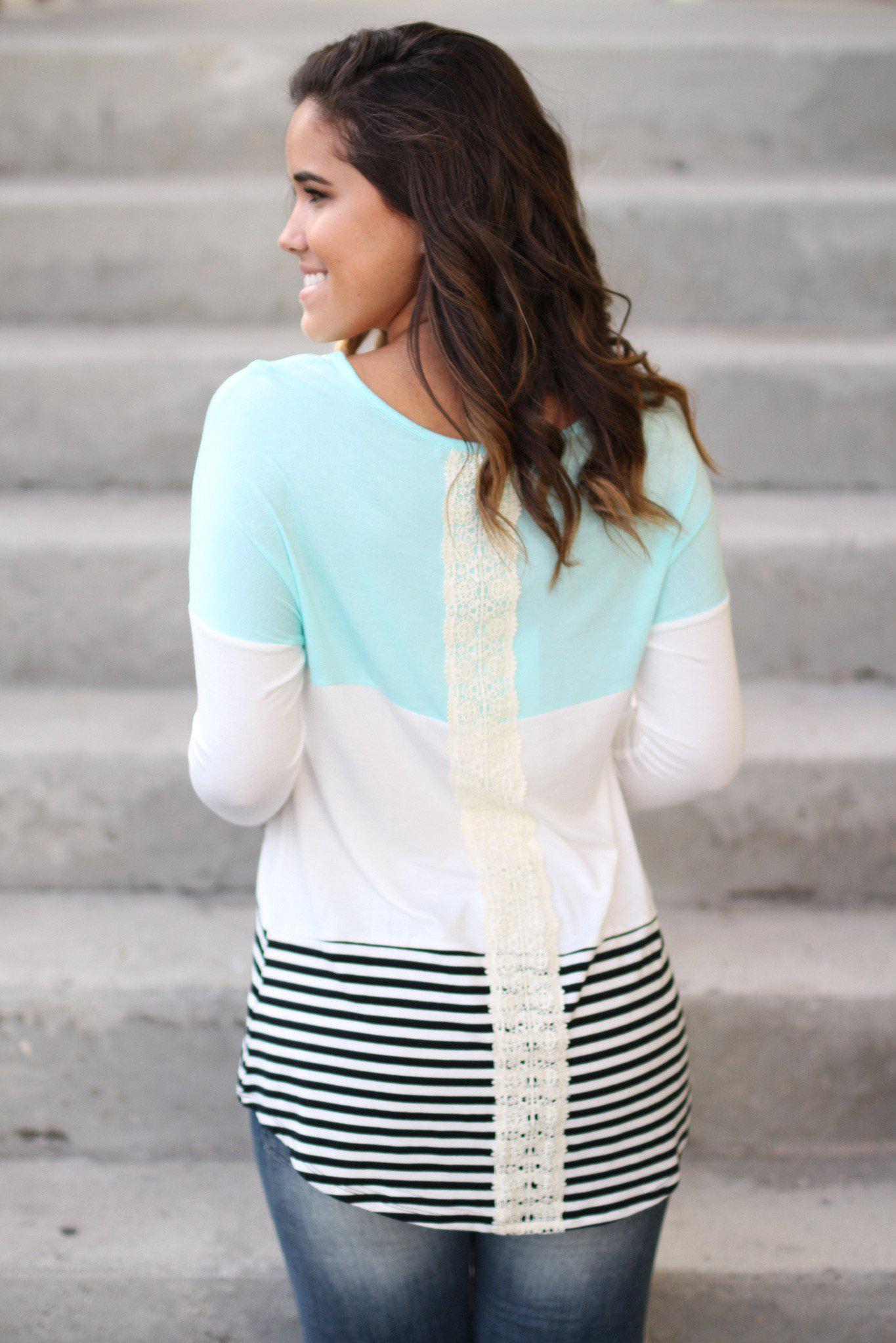 Fashionable Mint and Ivory Color Block Crochet Top for Cold Fall Days