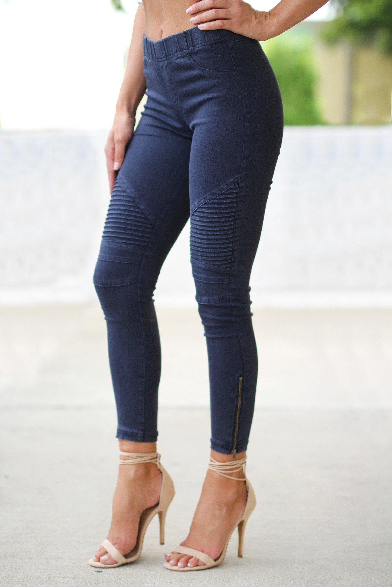 Stylish Midnight Blue Moto Jeggings Featuring Ankle Zippers
