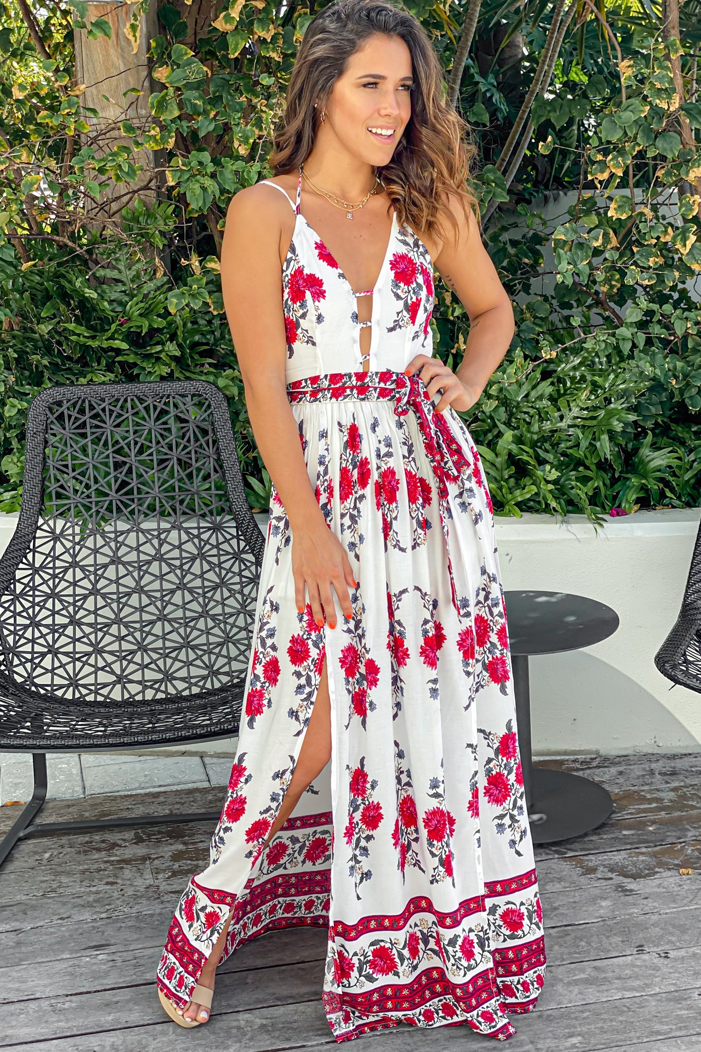 Stunning Ivory, Red and Gray Floral Print Women's Maxi Dress with Waist Self - Tie and Side Slits